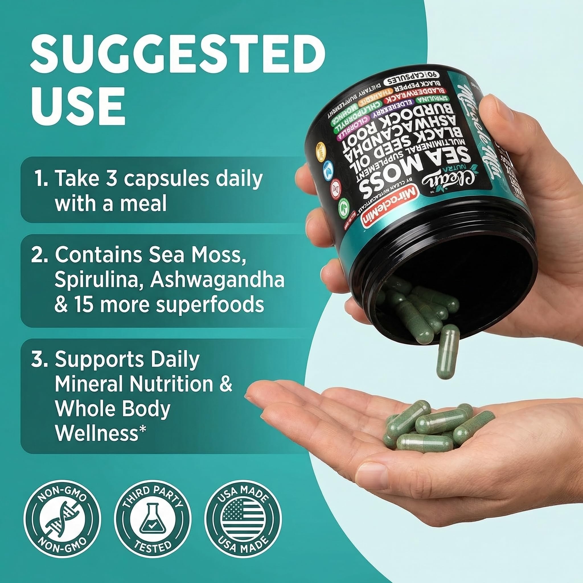 Clean Nutraceuticals Sea Moss Capsules lifestyle scene with a glass of water
