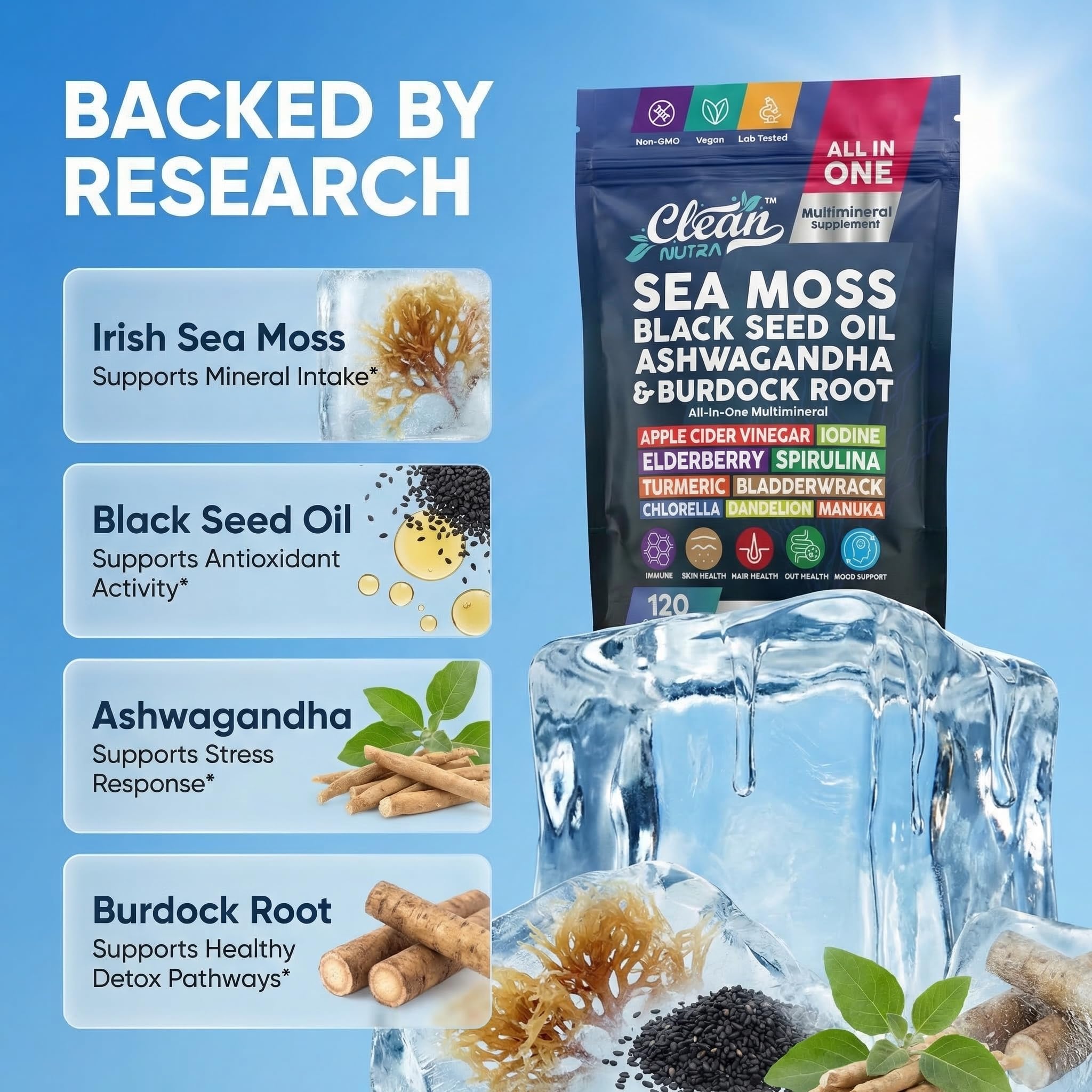 Clean Nutraceuticals Sea Moss Capsules opened bottle with capsules visible