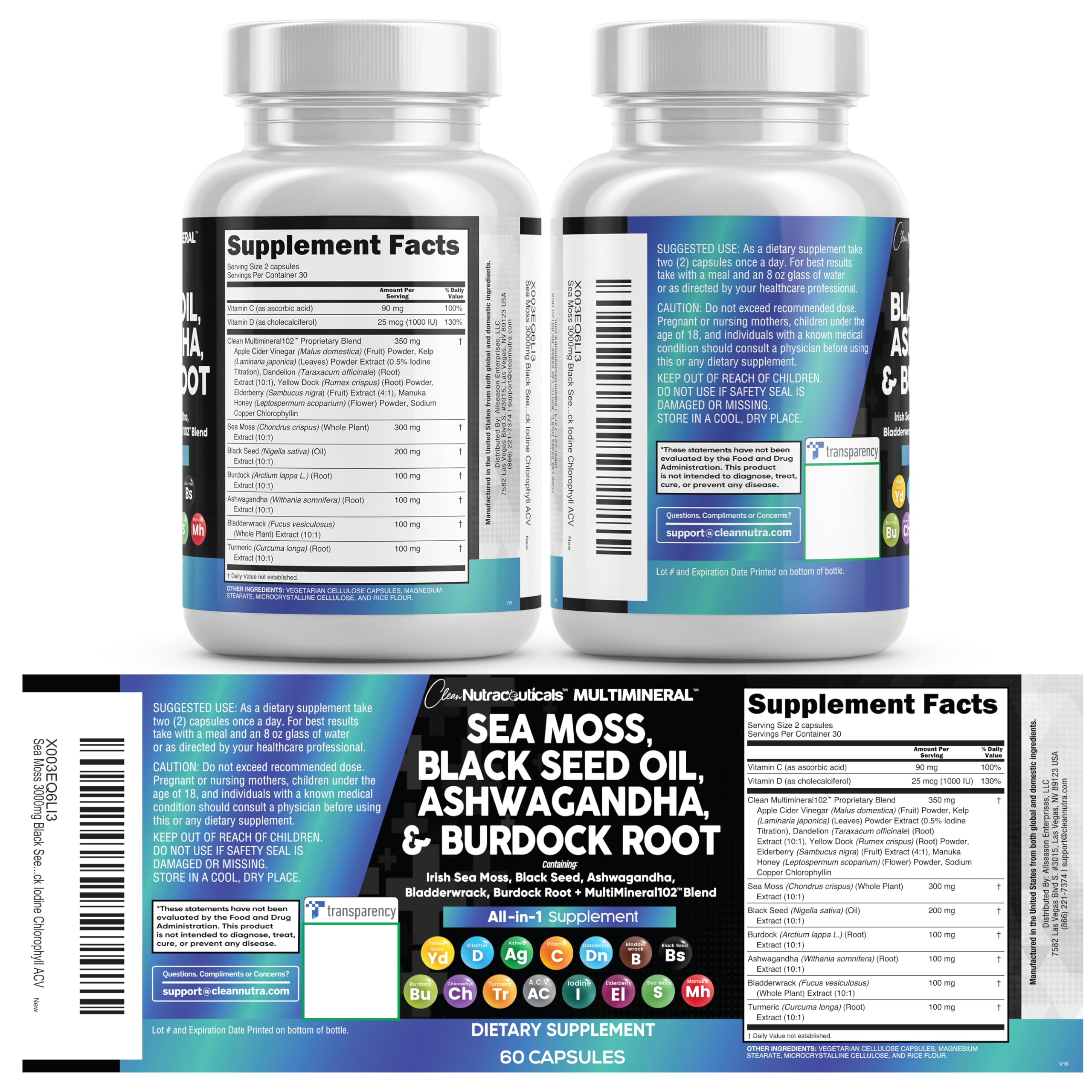 Clean Nutraceuticals Sea Moss Capsules packaging with label details