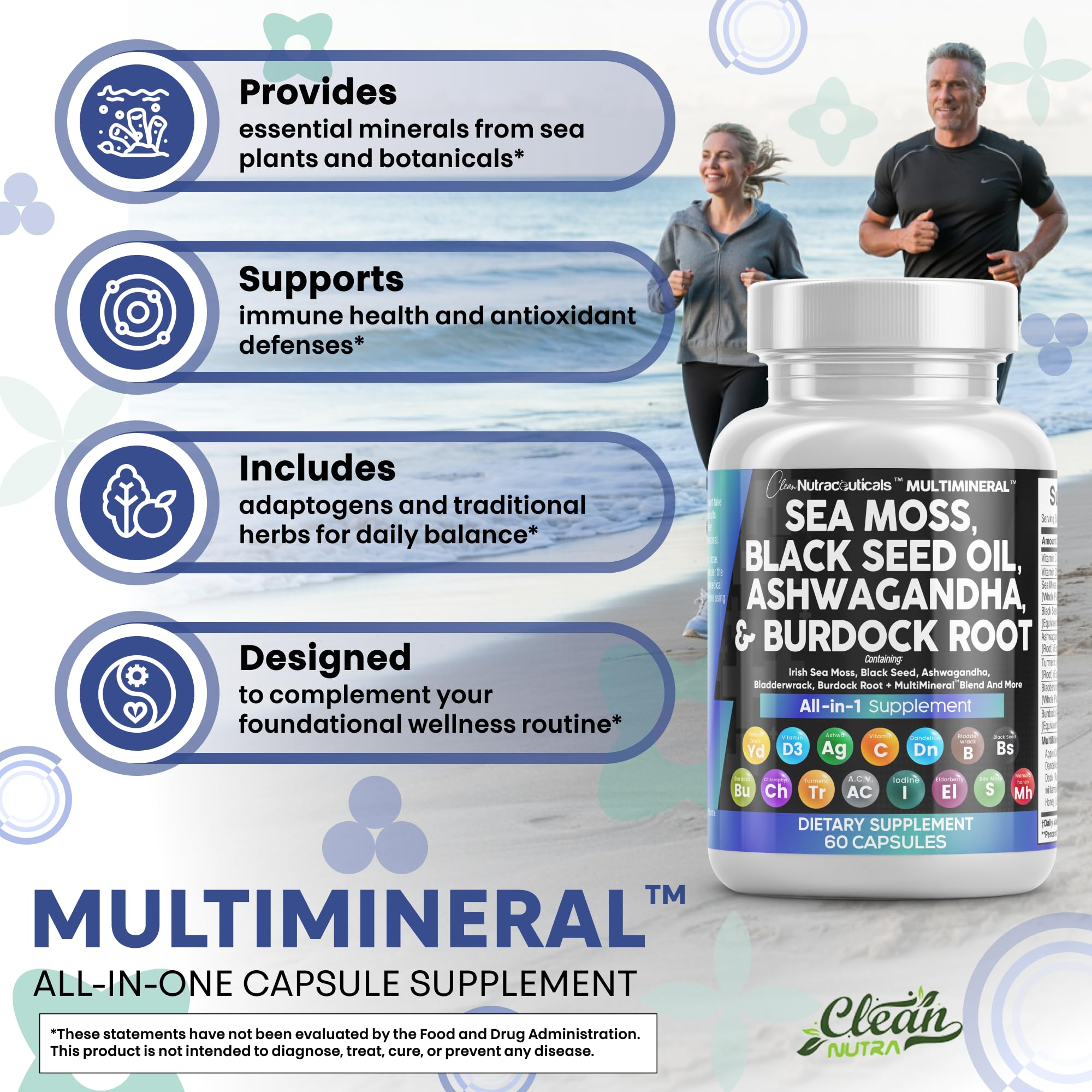Clean Nutraceuticals Sea Moss Capsules showing dosage information