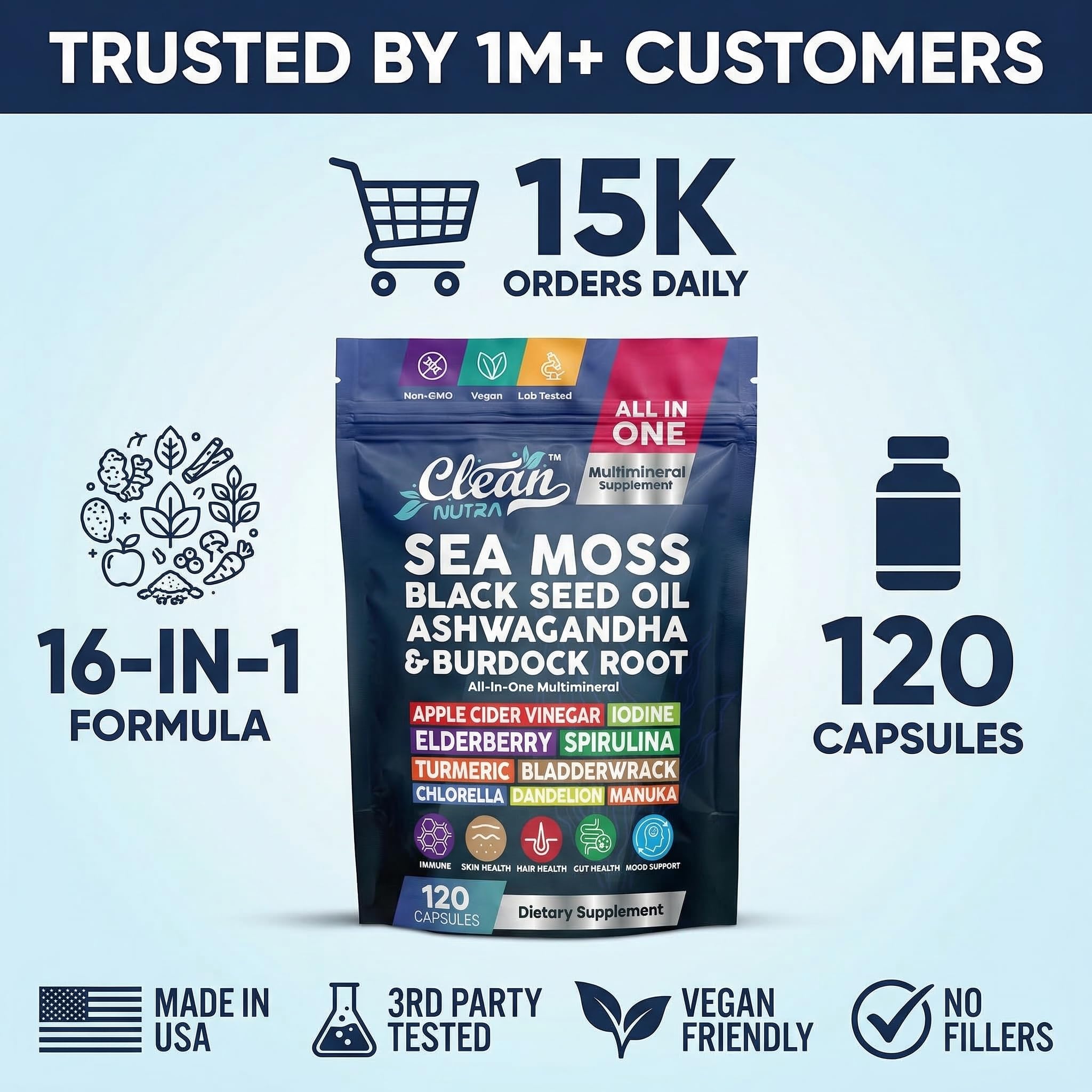 Clean Nutraceuticals Sea Moss Capsules with measuring spoon and water