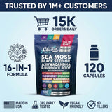 Clean Nutraceuticals Sea Moss Capsules with measuring spoon and water