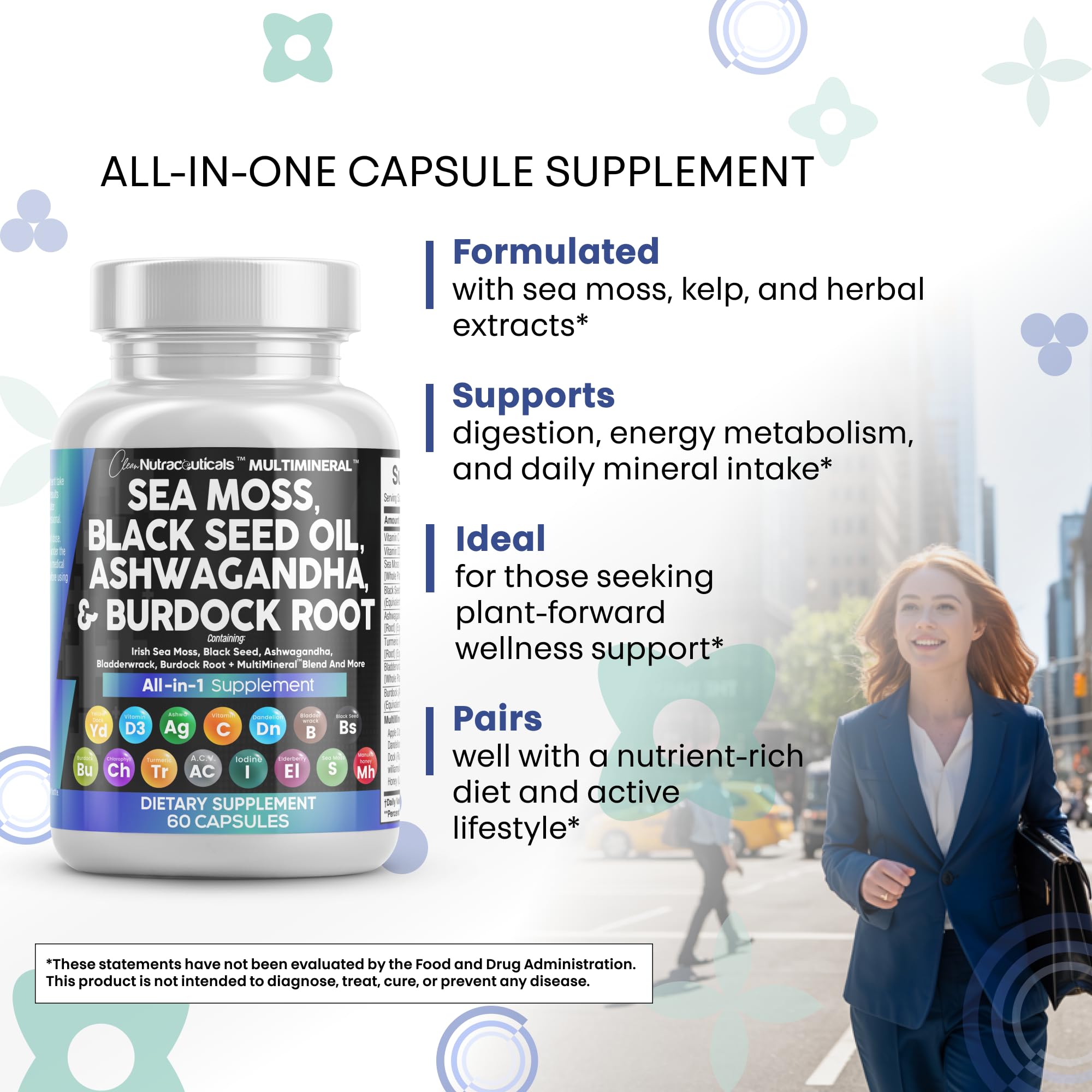Clean Nutraceuticals Sea Moss Capsules with other herbal supplements