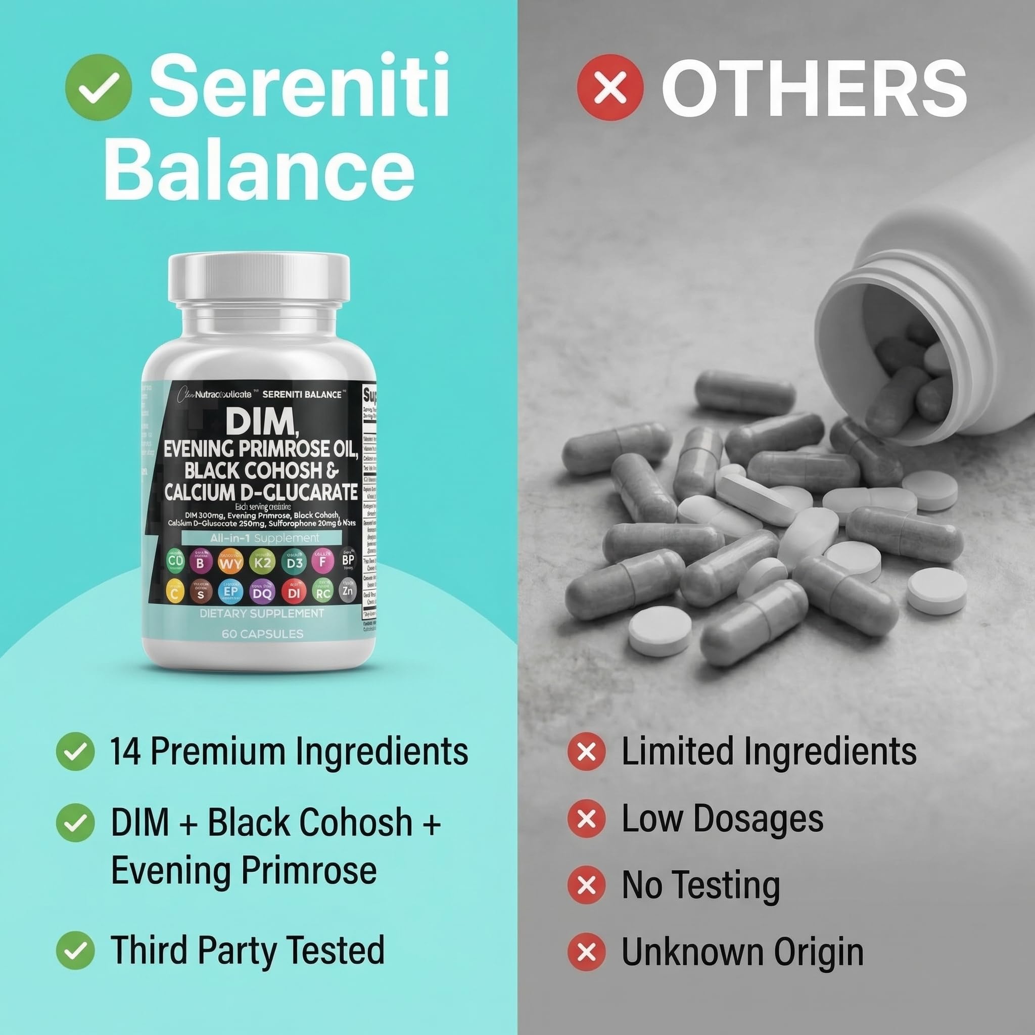 Clean Nutraceuticals Serenti Balance DIM Supplement with a measuring spoon