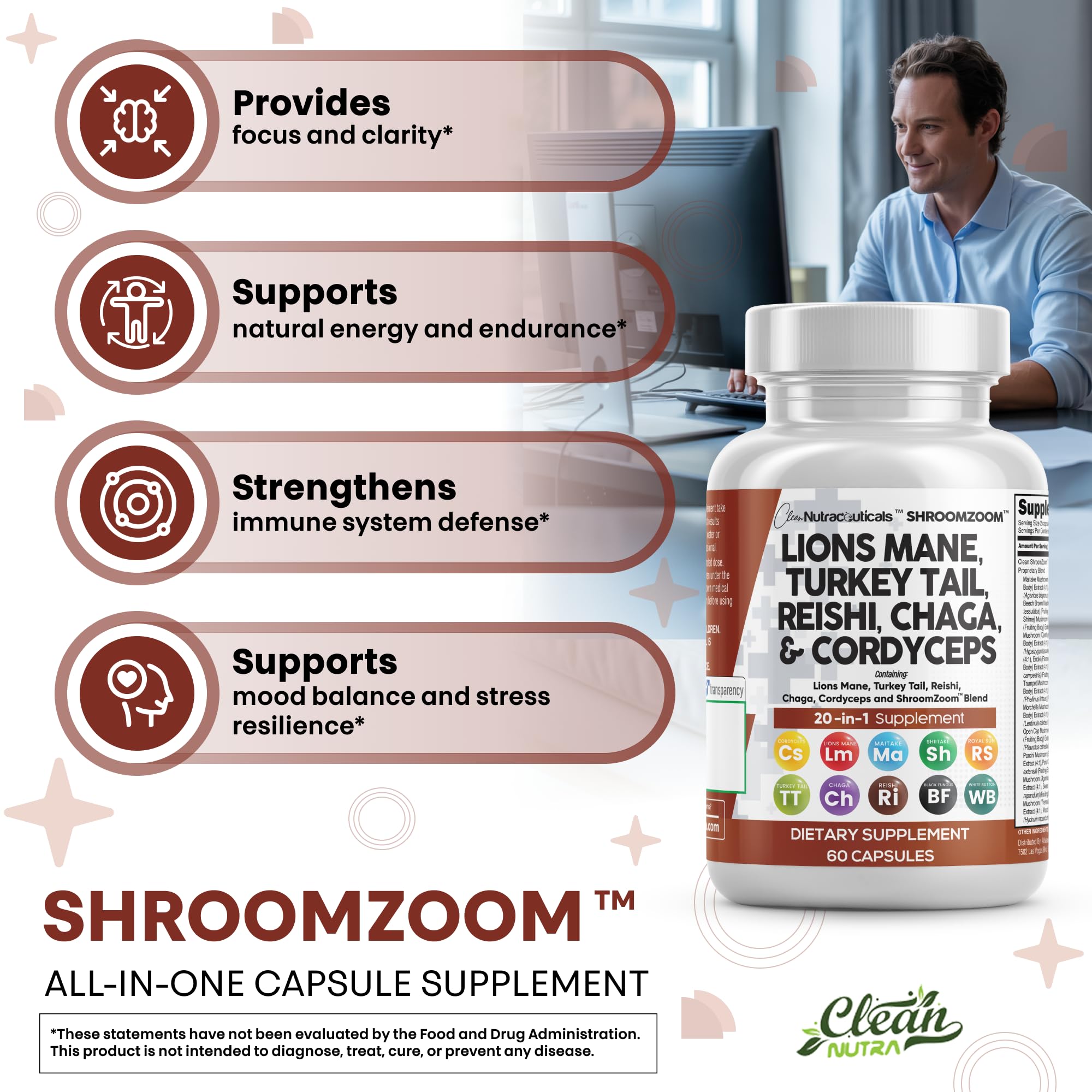 Clean Nutraceuticals ShroomZoom Blend Mushroom Supplement ingredients list