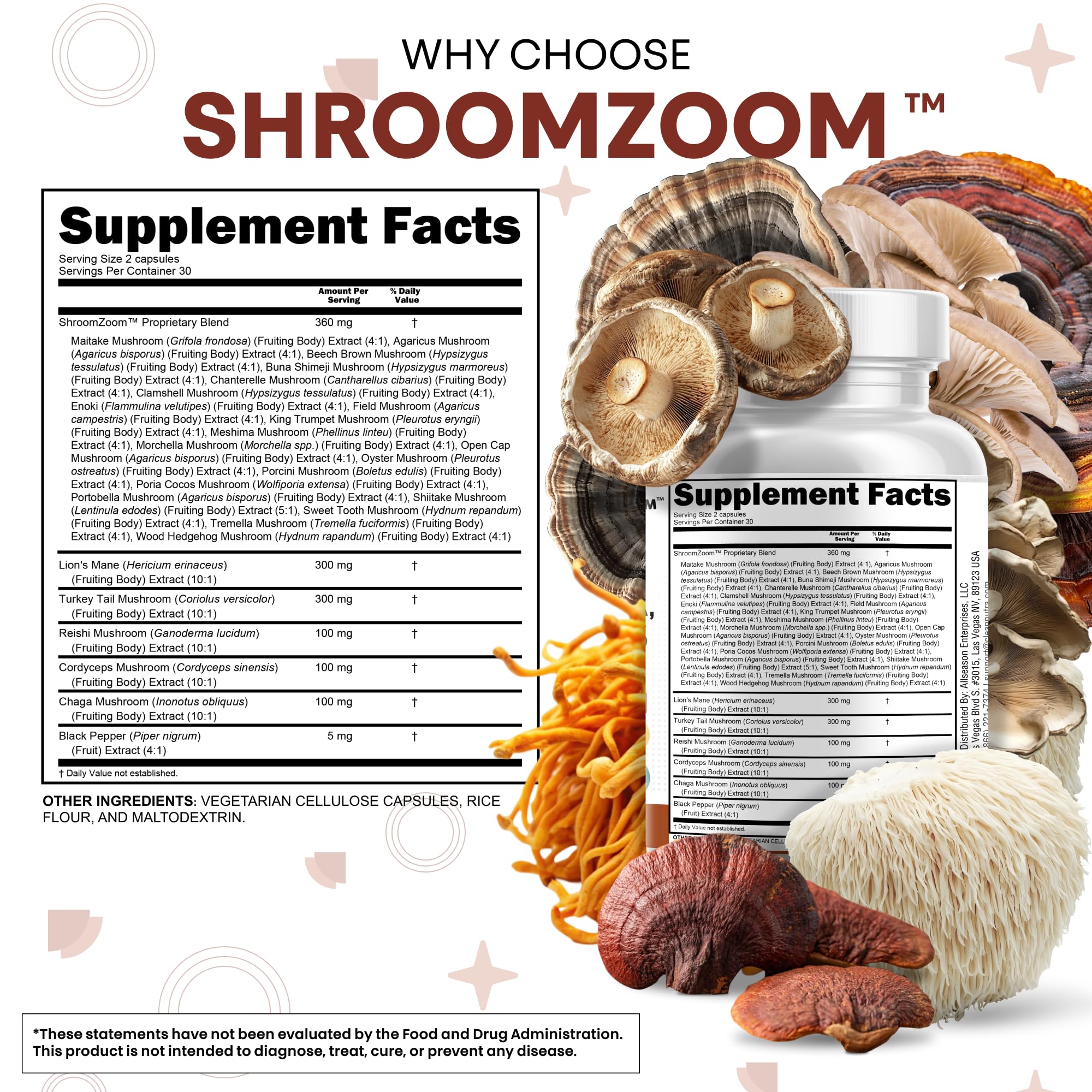 Clean Nutraceuticals ShroomZoom Mushroom Complex ingredients list