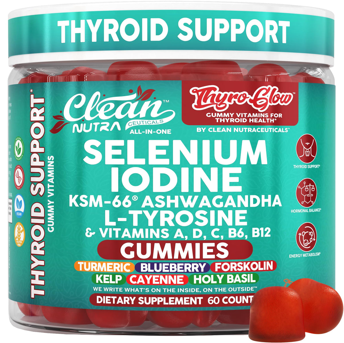 Clean Nutraceuticals Thyroid Support Gummy Vitamins 60 count bottle front view