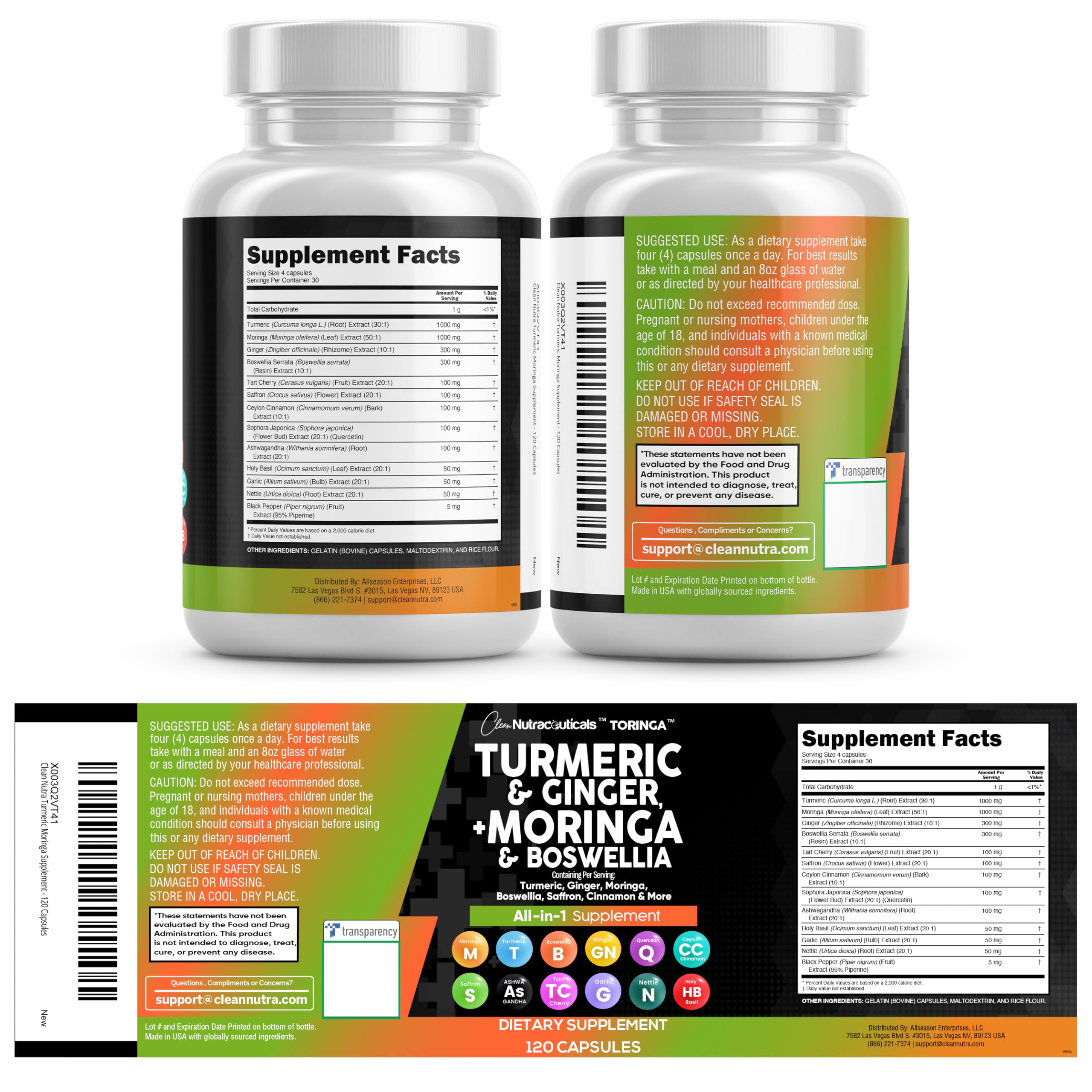 Clean Nutraceuticals Toringa Turmeric Curcumin Supplement displayed with herbs