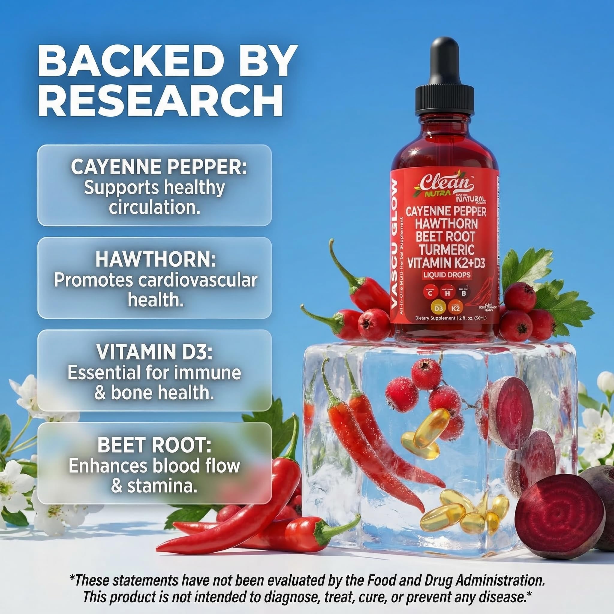 Clean Nutraceuticals Vascu Glow Cayenne Drops with measuring dropper