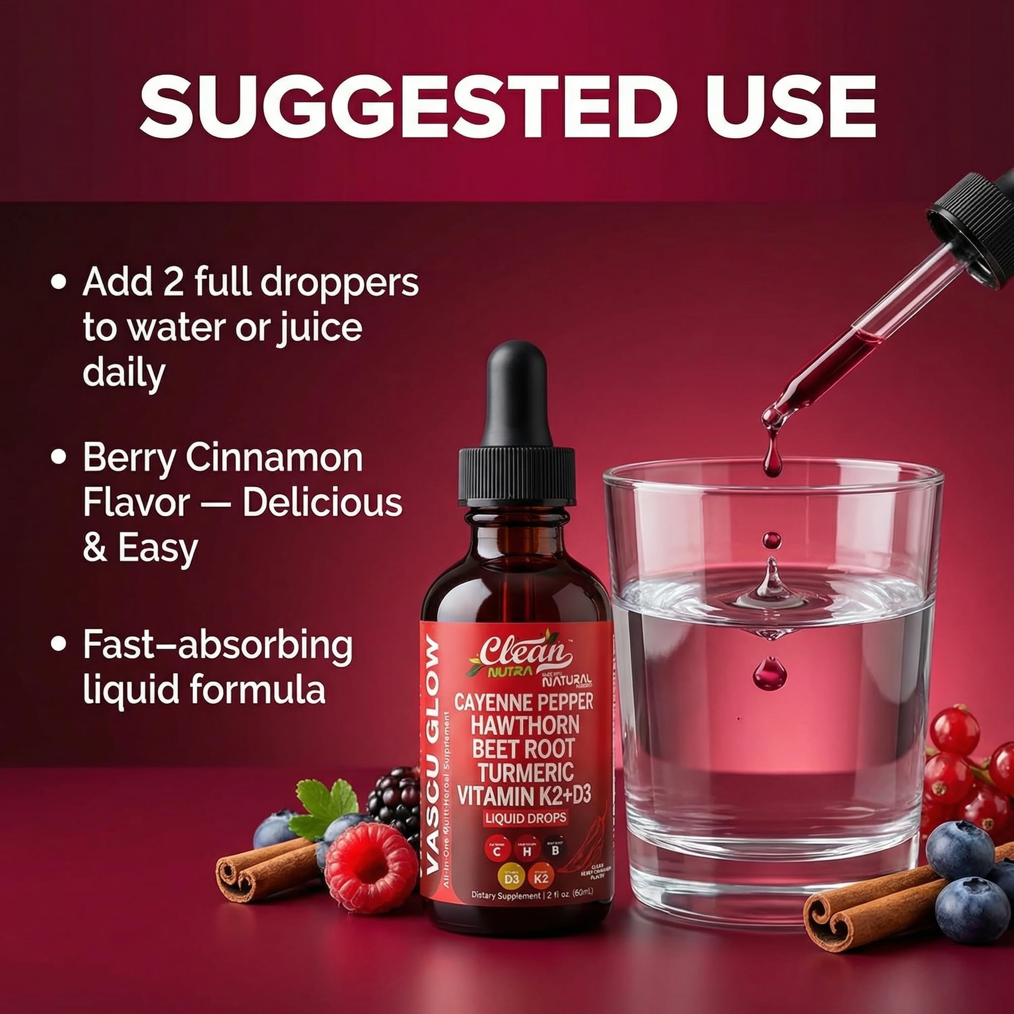 Clean Nutraceuticals Vascu Glow Cayenne Pepper Liquid Drops with measuring spoon
