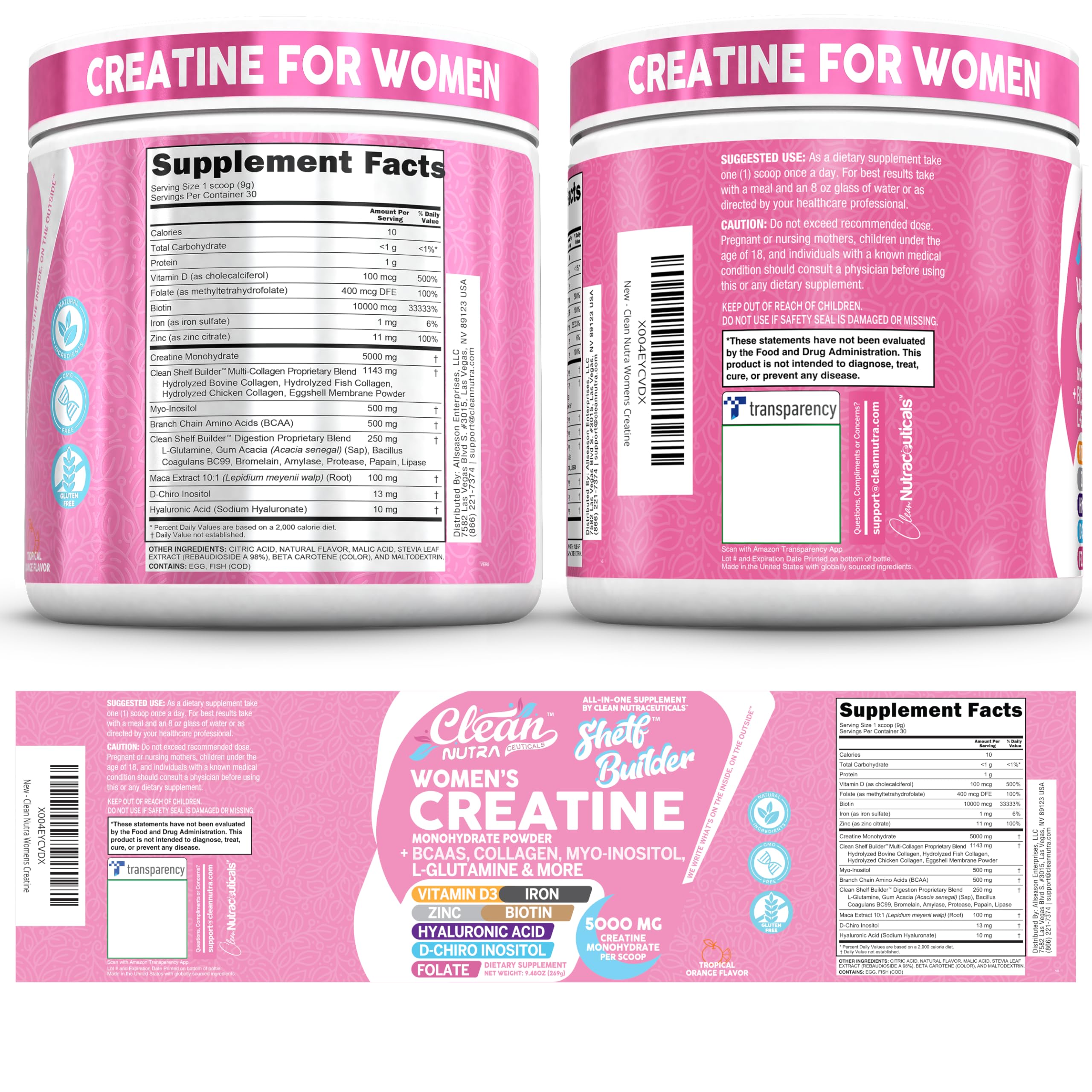 Clean Nutraceuticals Women's Creatine Powder 5000mg Tropical Orange ingredients list