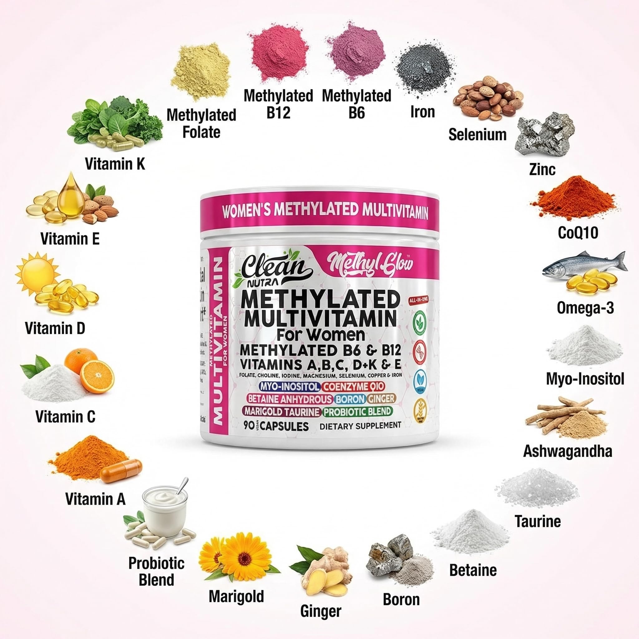 Clean Nutraceuticals Women's Methylated Multivitamins bottle with measuring spoon
