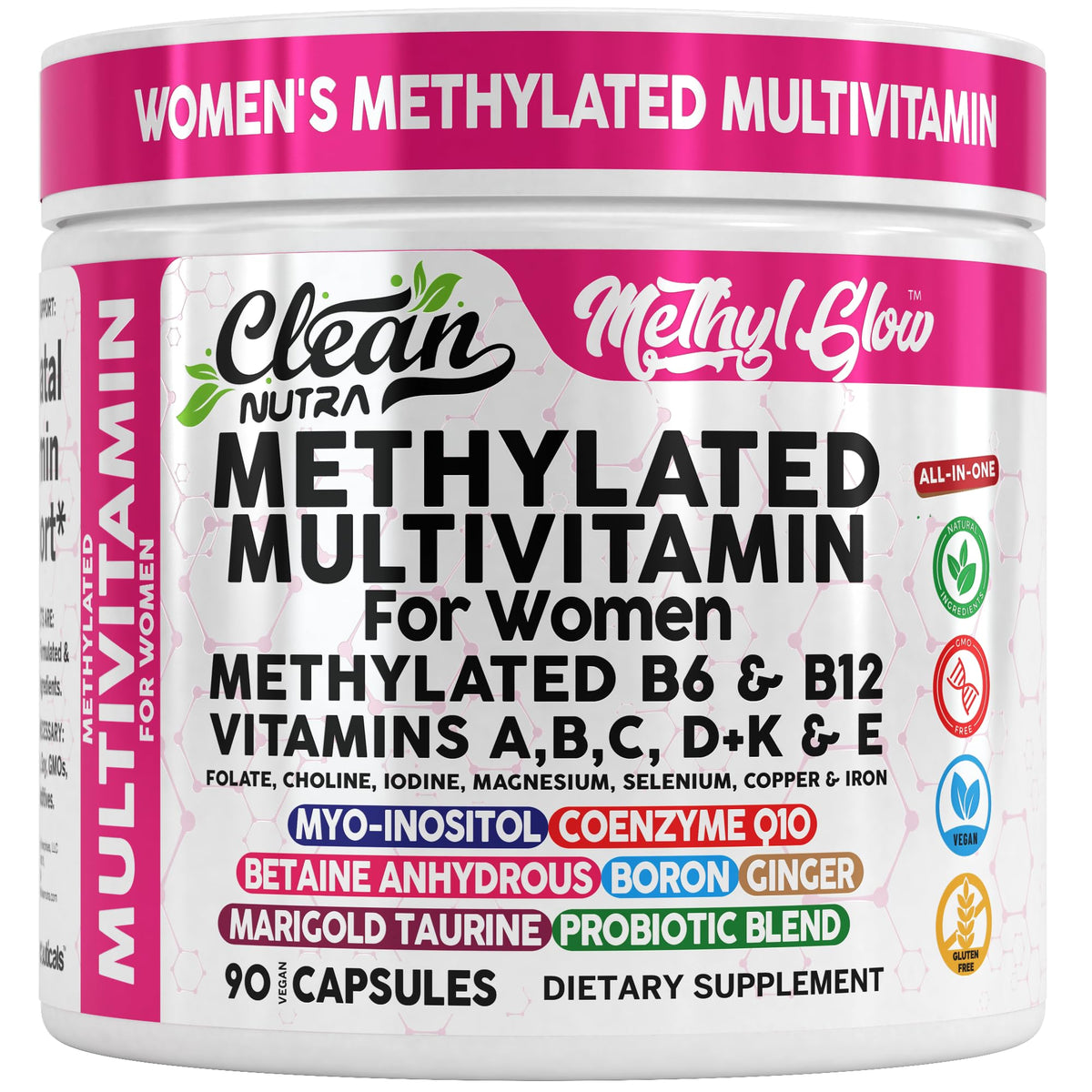 Clean Nutraceuticals Women's Methylated Multivitamins front view of bottle