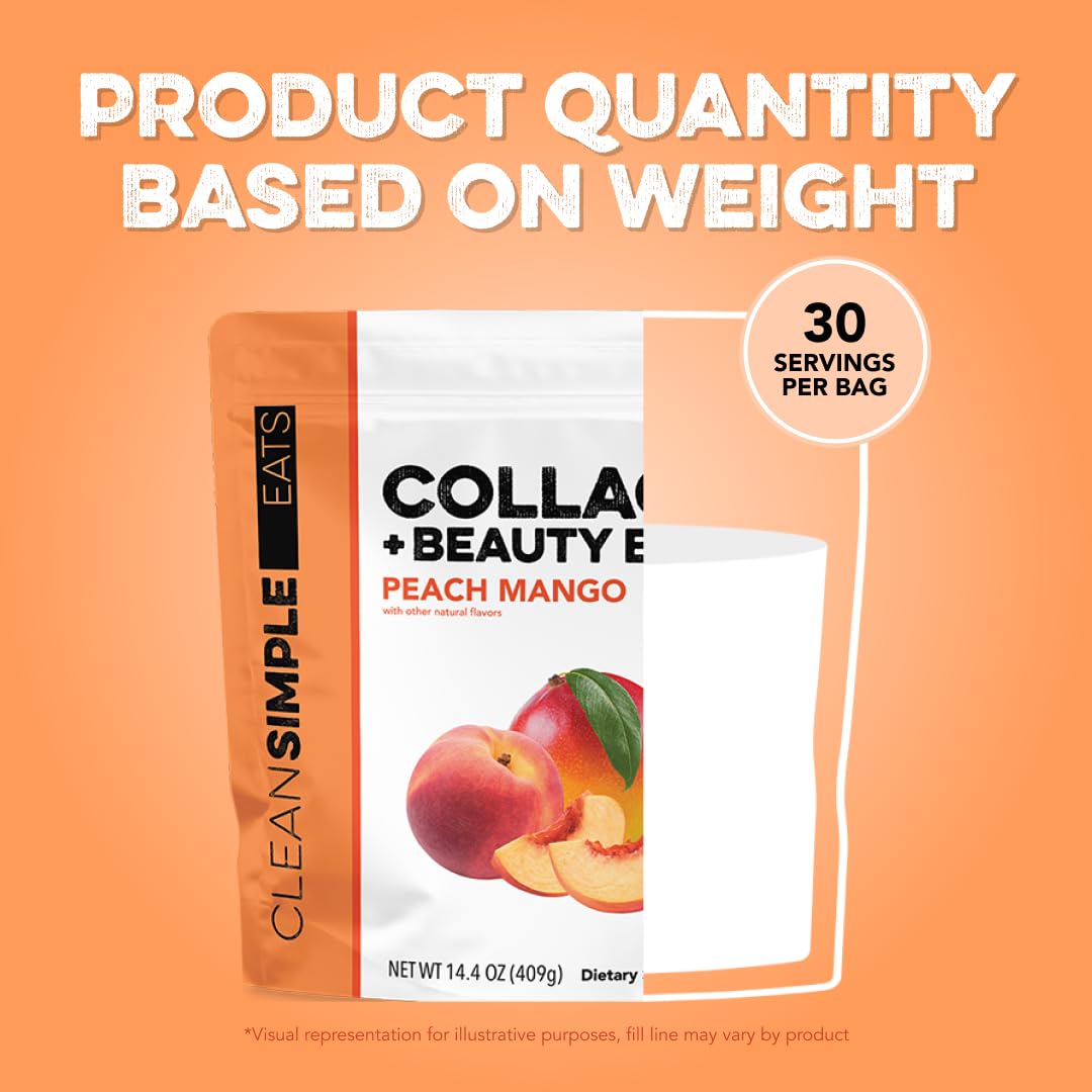 Clean Simple Eats Collagen + Beauty Blend Peach Mango lifestyle scene with water
