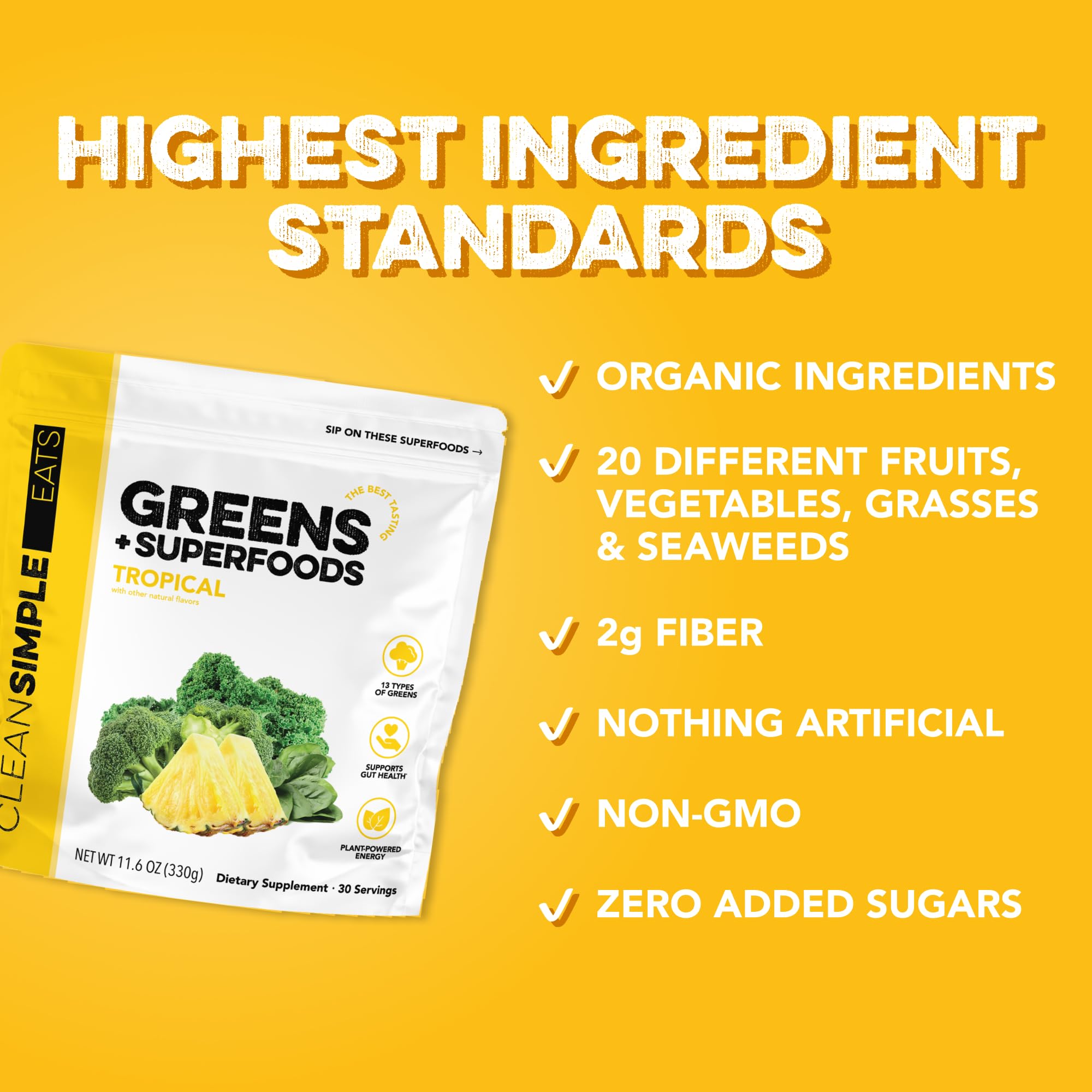 Clean Simple Eats Super Greens Tropical Blend mixed in a glass
