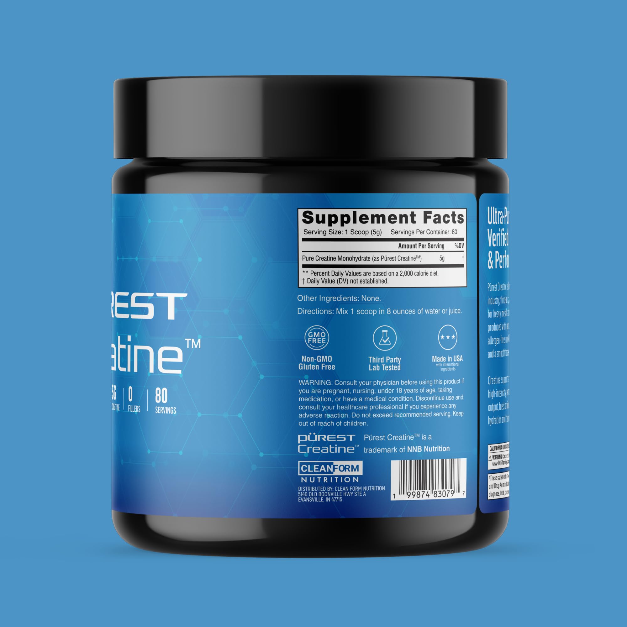 CleanForm Nutrition Purest Creatine 458g with fitness equipment