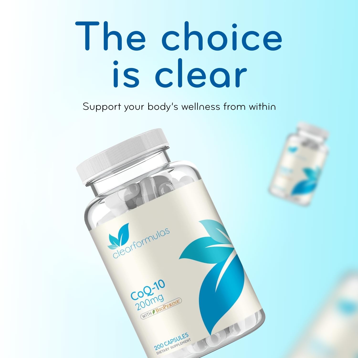 Clear Formulas CoQ10 200mg supplement capsules in a clear container