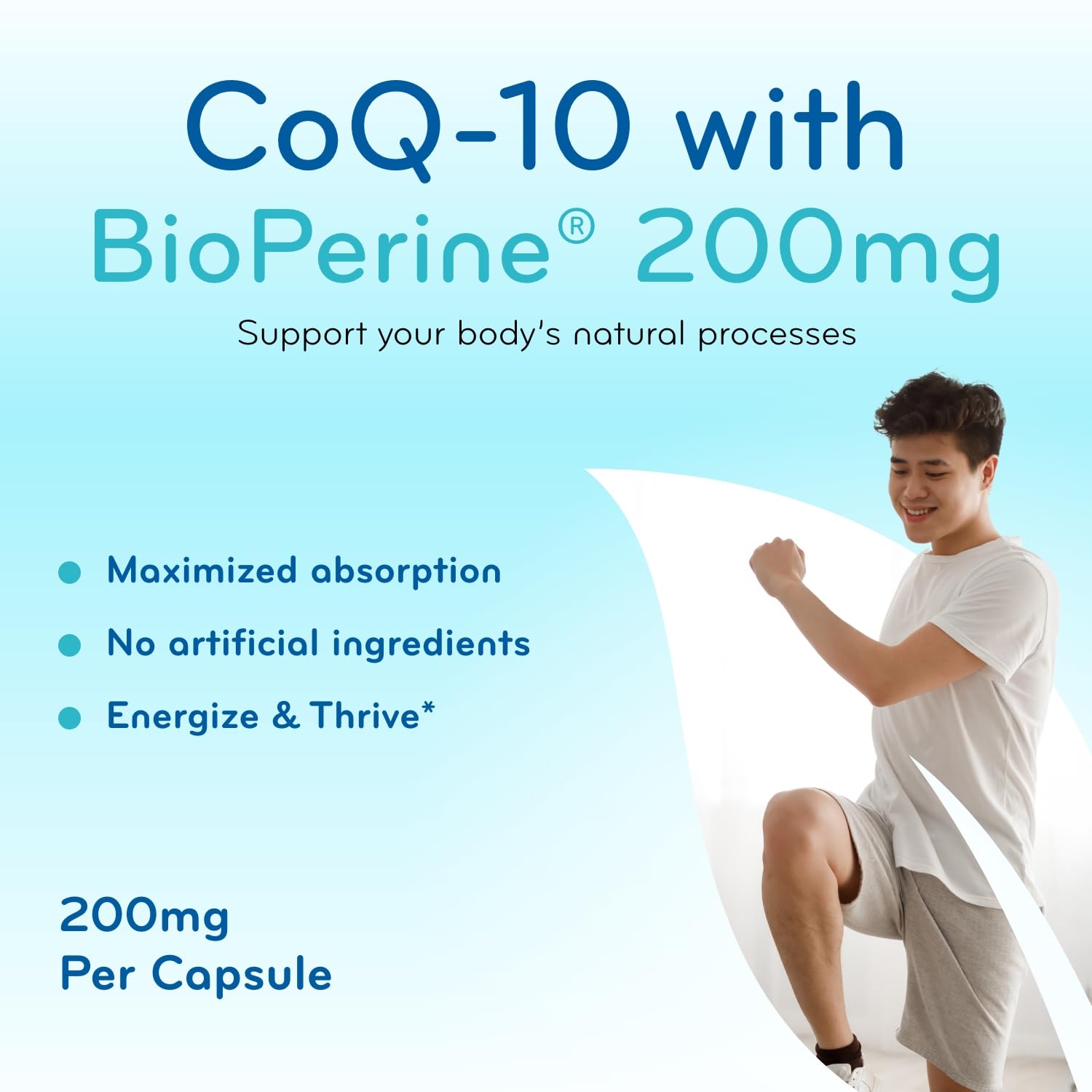 Clear Formulas CoQ10 200mg supplement capsules in a hand