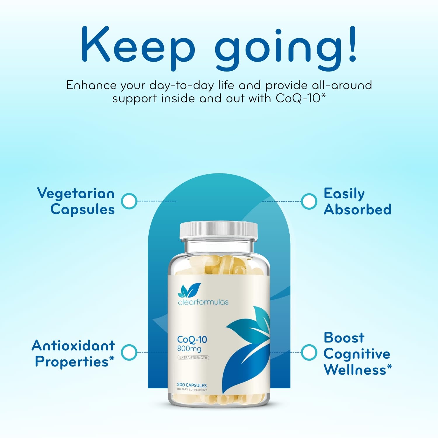 Clear Formulas CoQ10 Supplement 400mg on a wooden table