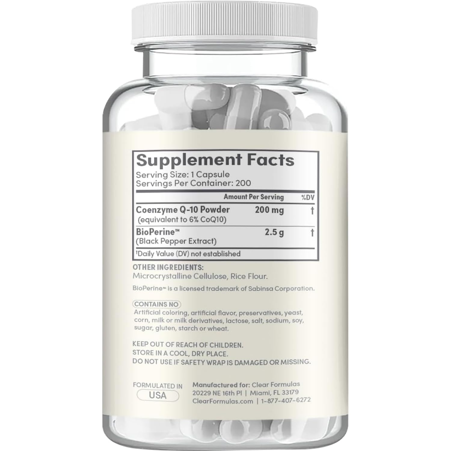 Clear Formulas CoQ10 supplement bottle side view with label