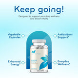 Clear Formulas CoQ10 supplement bottle with a measuring spoon