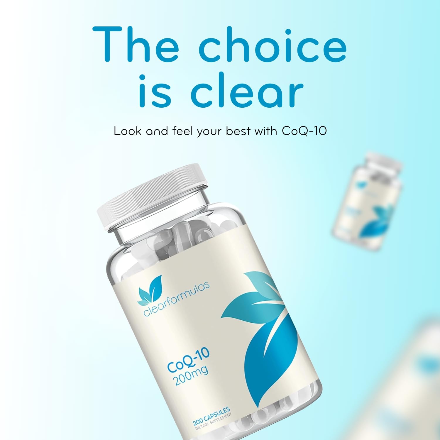 Clear Formulas CoQ10 supplement bottle with a measuring tape