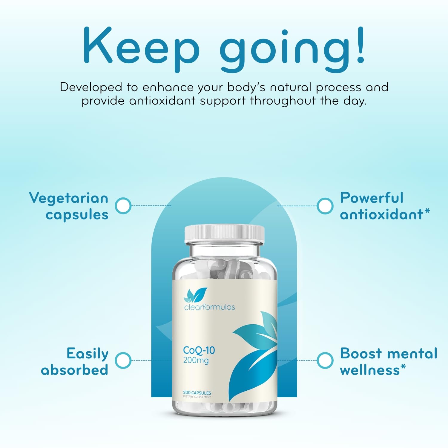 Clear Formulas CoQ10 supplement bottle with cap open