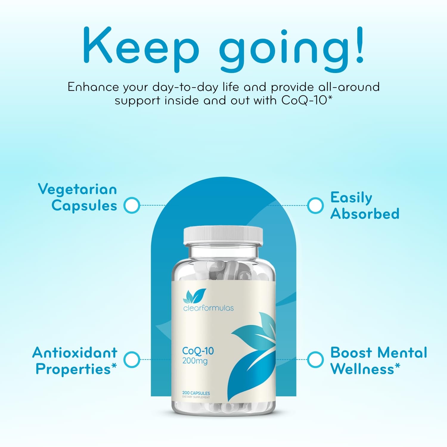 Clear Formulas CoQ10 supplement bottle with dosage information