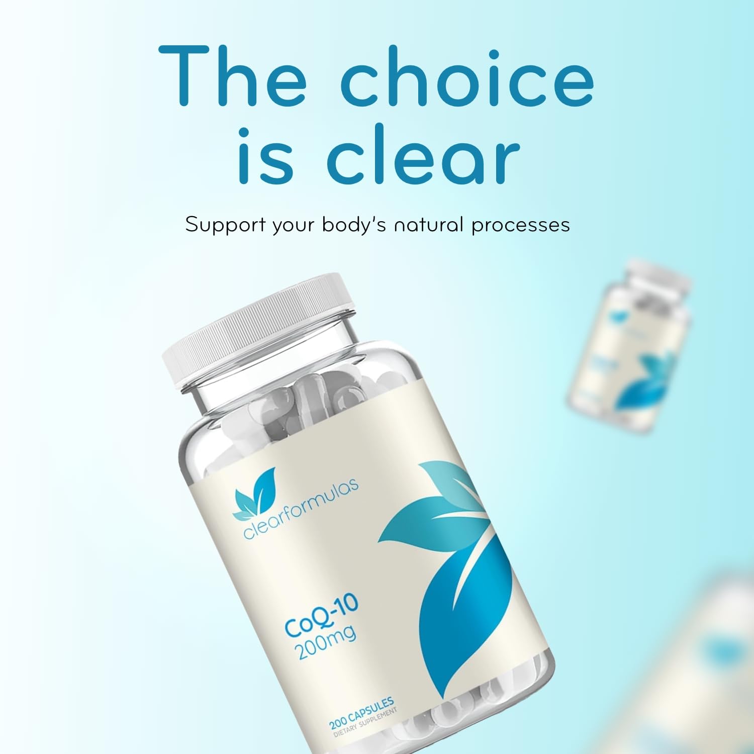Clear Formulas CoQ10 supplement bottle with white background