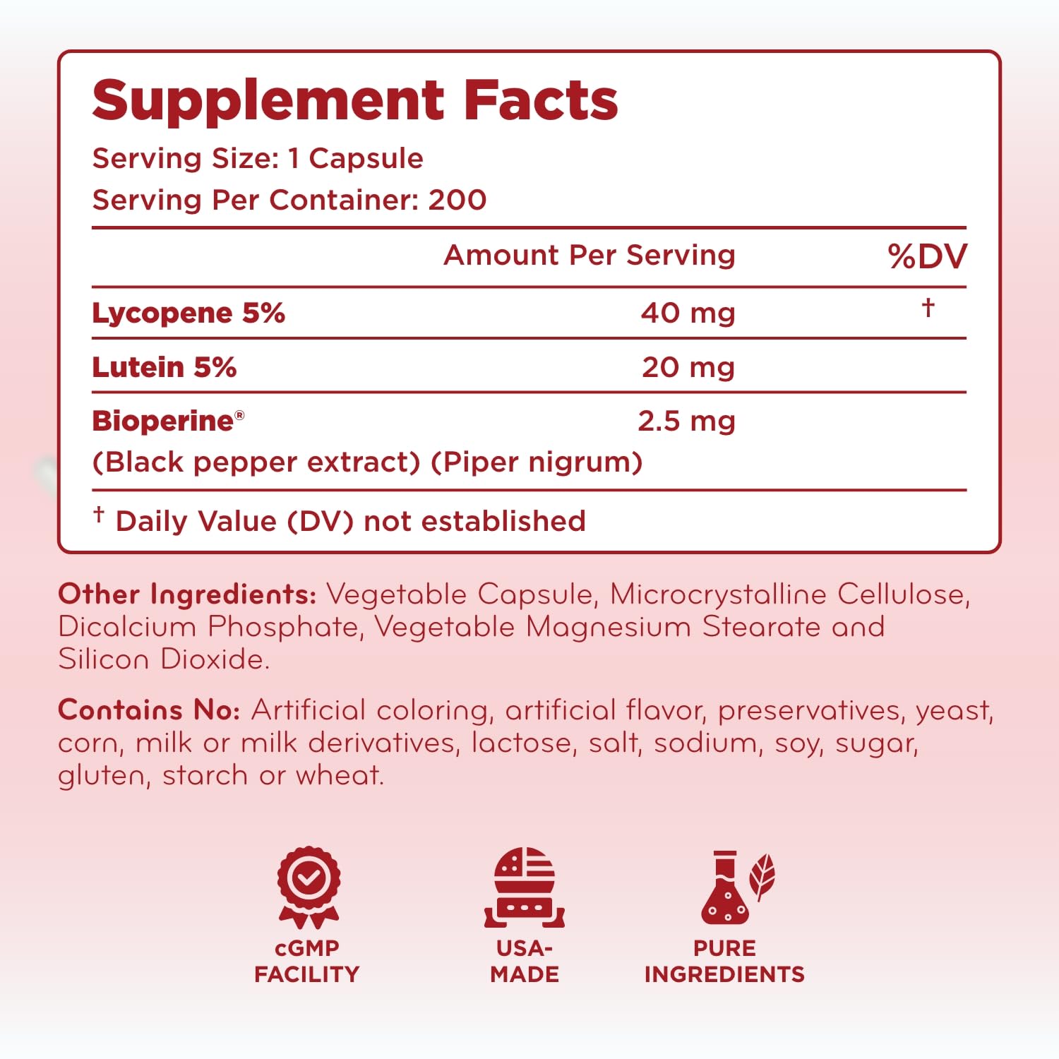 Clear Formulas Lycopene & Lutein Supplement back view