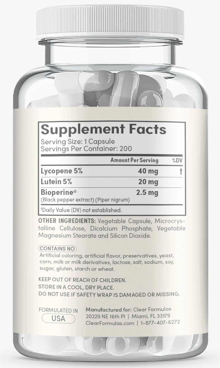 Clear Formulas Lycopene & Lutein Supplement bottle side view