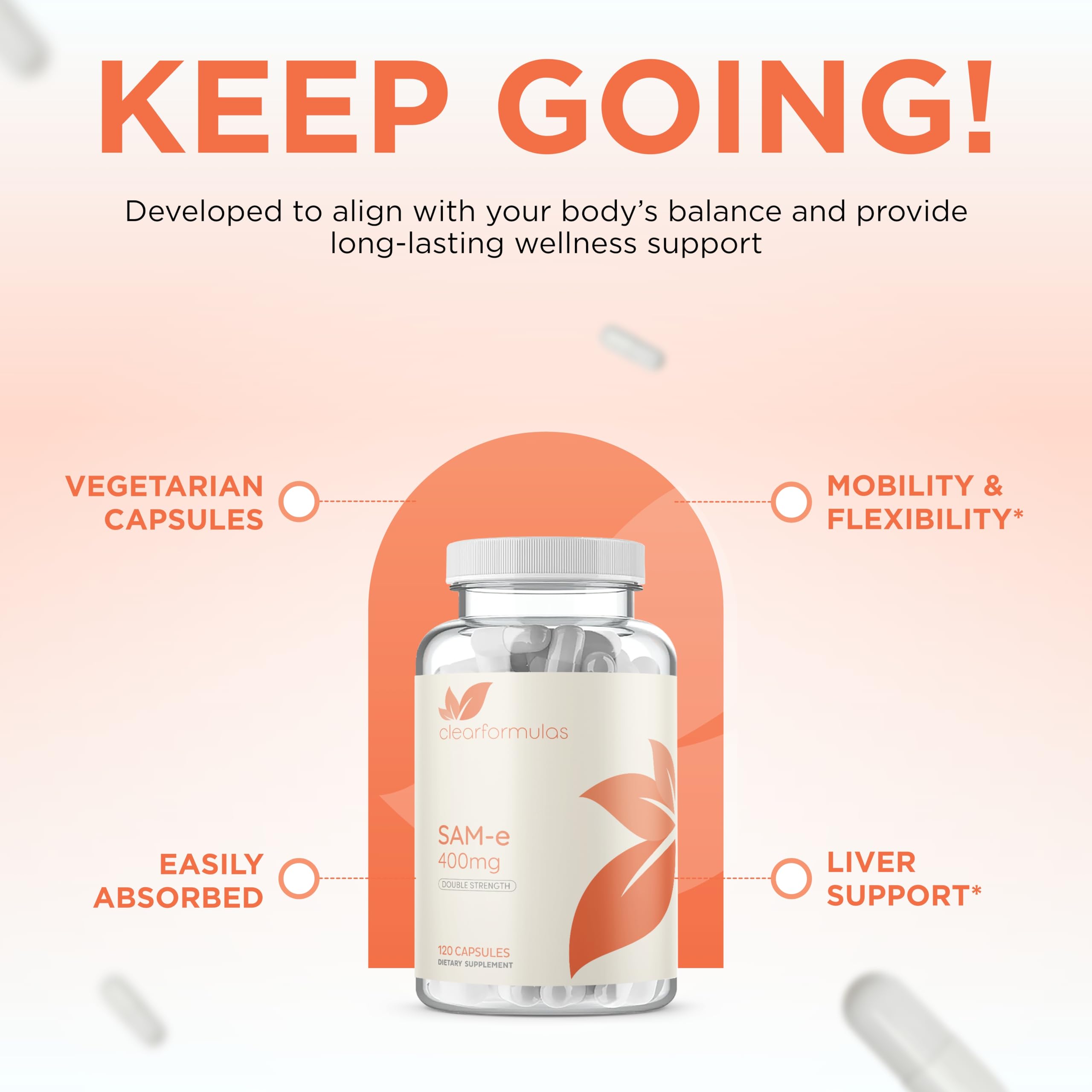 Clear Formulas SAMe 400mg capsules on a wooden surface