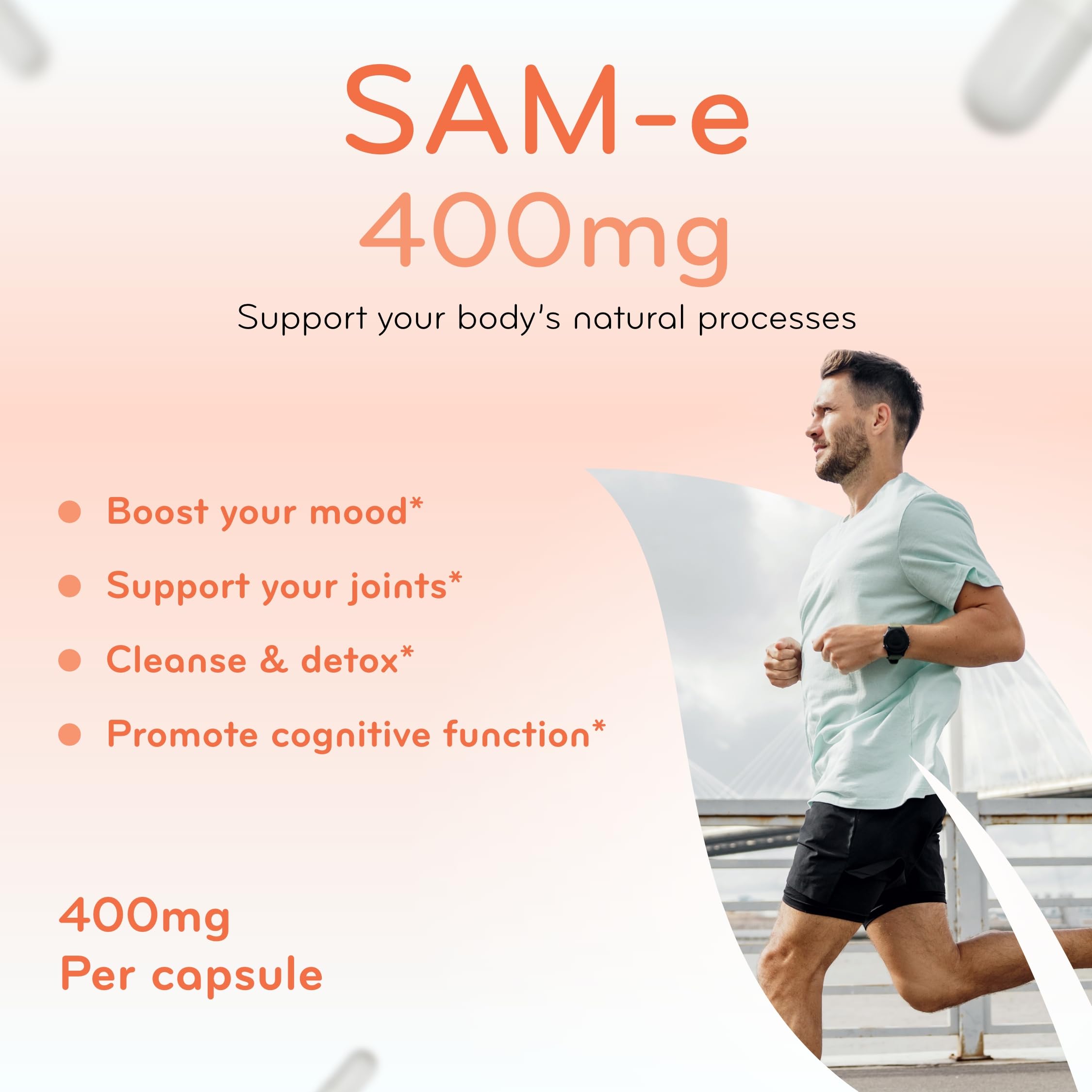 Clear Formulas SAMe 400mg capsules on a wooden table