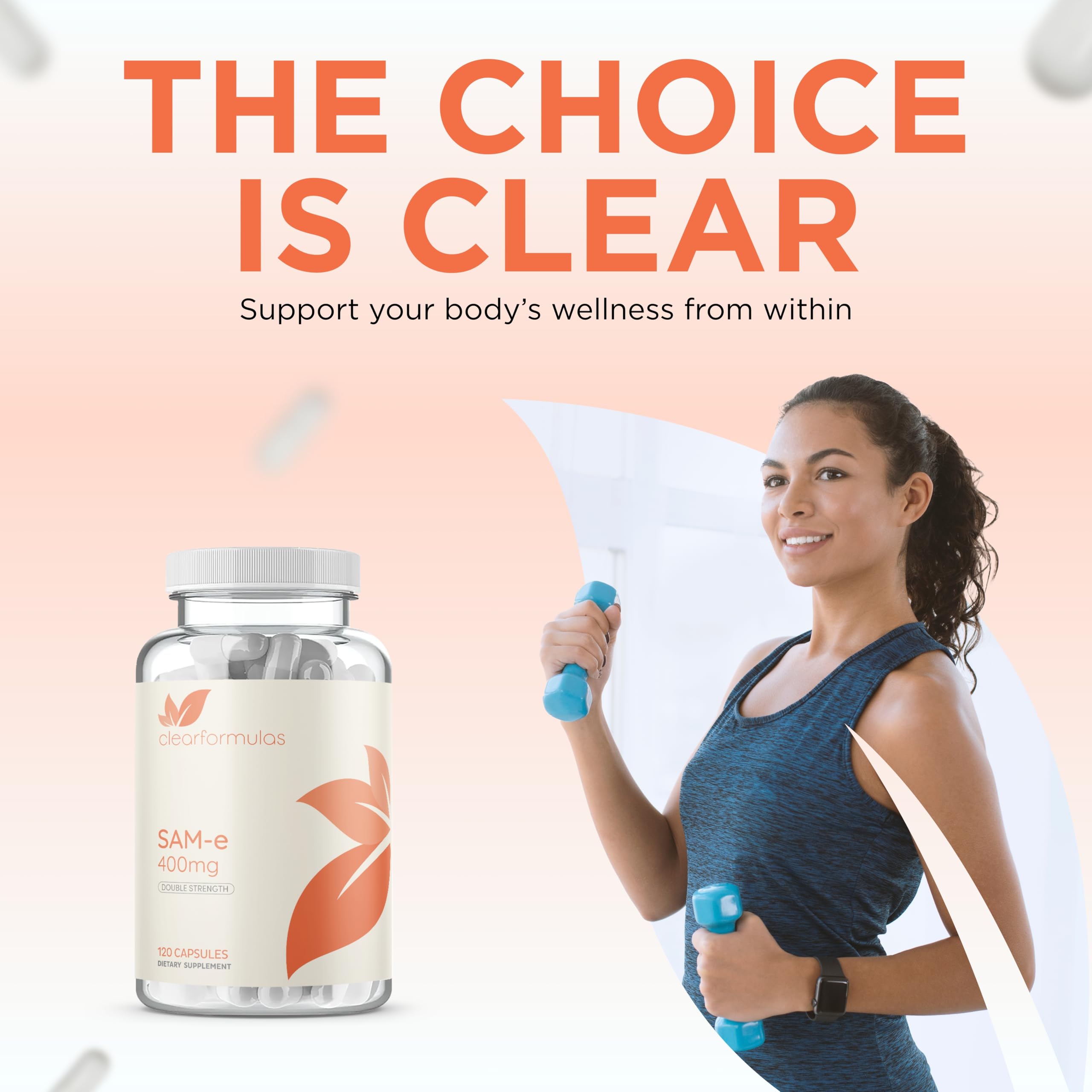 Clear Formulas SAMe 400mg capsules with a measuring spoon