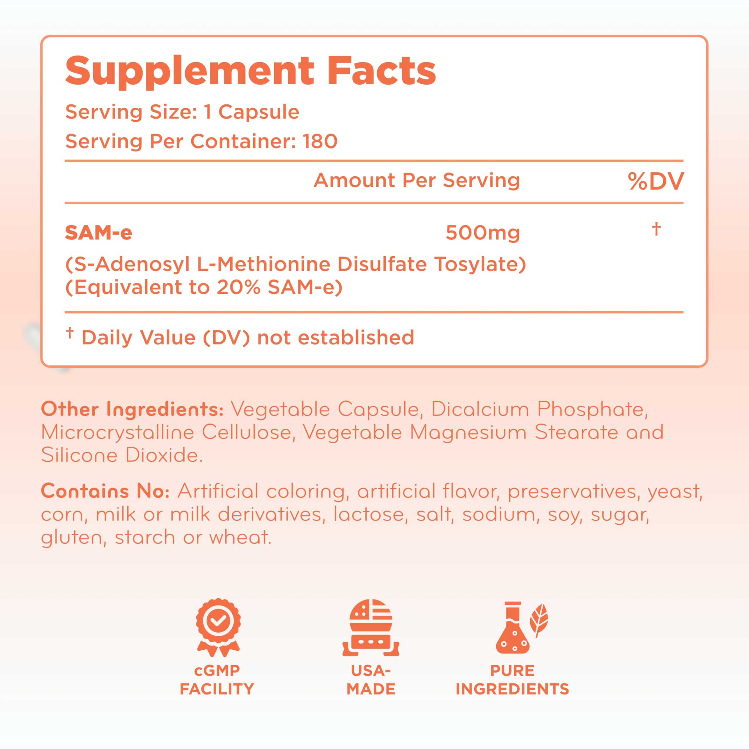 Clear Formulas SAMe 500mg supplement bottle with dosage instructions