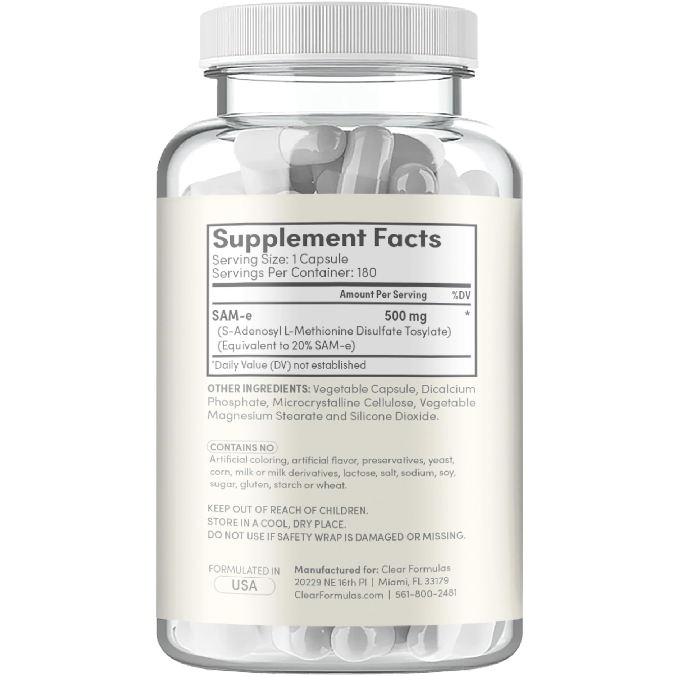 Clear Formulas SAMe 500mg supplement bottle with label
