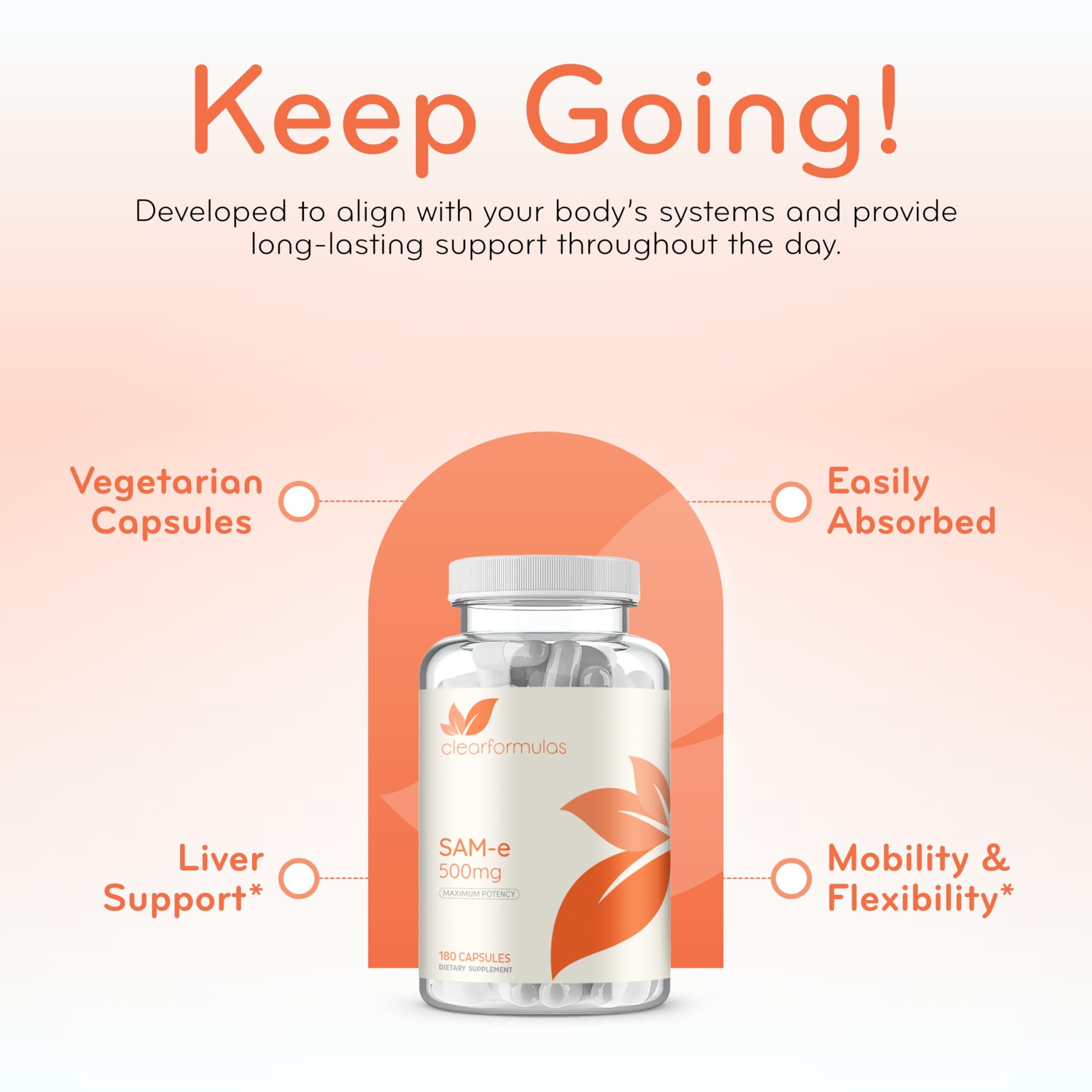 Clear Formulas SAMe 500mg supplement capsule on a table