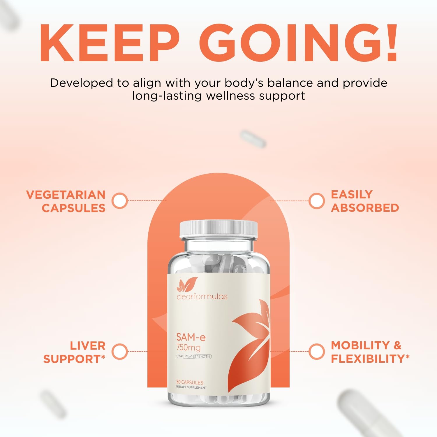 Clear Formulas SAMe 750mg capsule bottle with dosage instructions