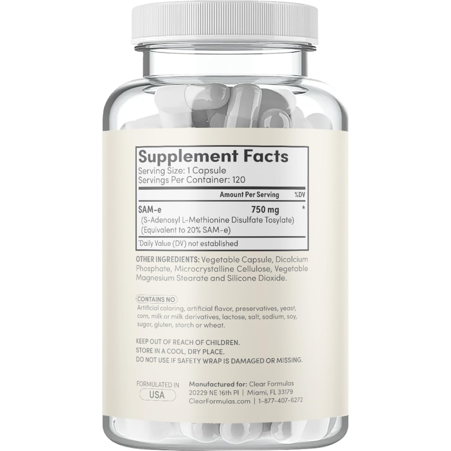 Clear Formulas SAMe 750mg supplement capsules close-up