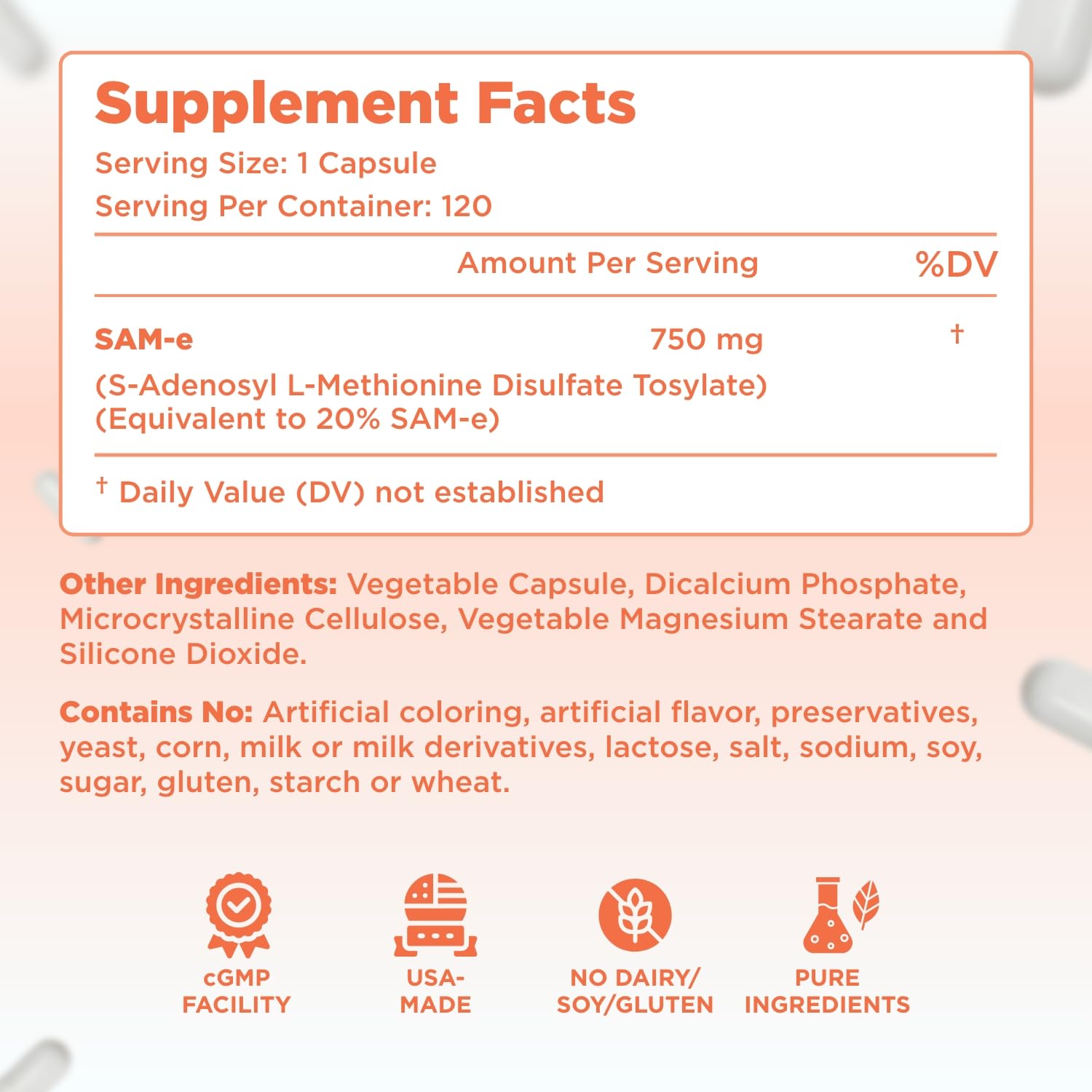 Clear Formulas SAMe 750mg supplement capsules side view