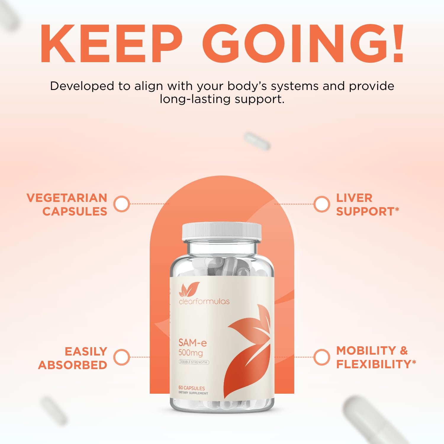 Clear Formulas SAMe Supplement 500mg capsules on a wooden surface