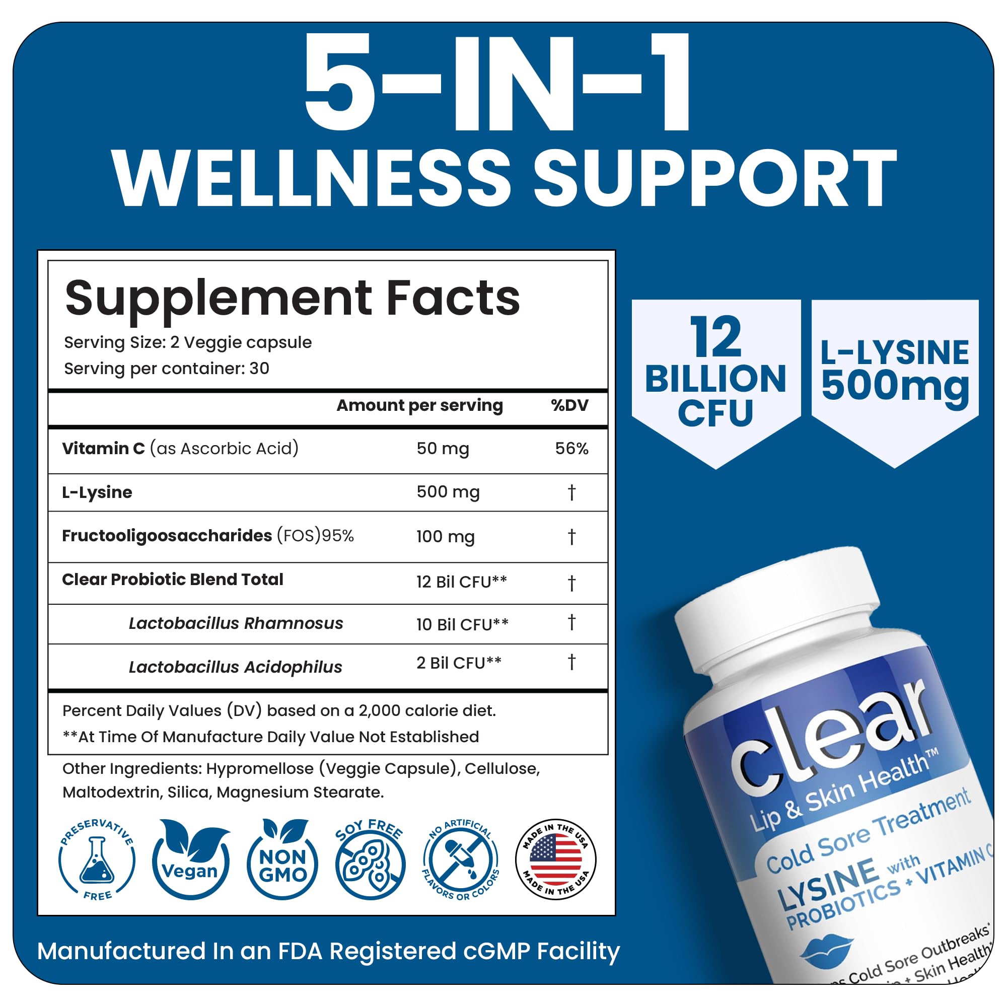 Clear Probiotics L-Lysine Supplement close-up of capsules