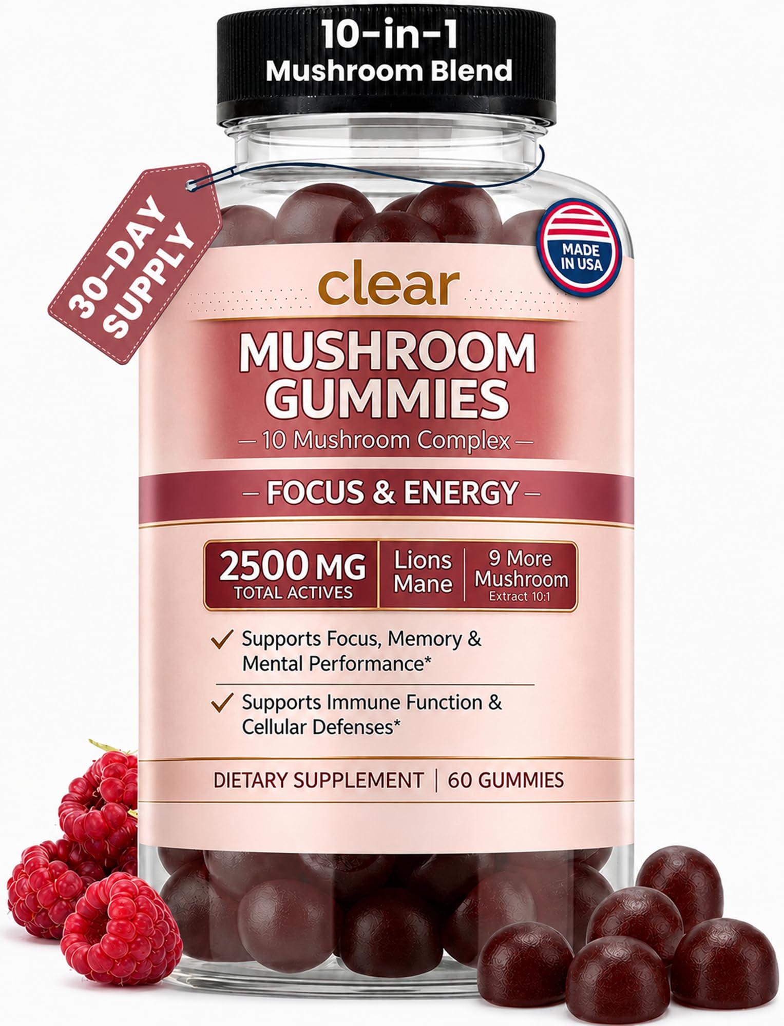 Clear Probiotics Mushroom Gummies front view with raspberry flavour