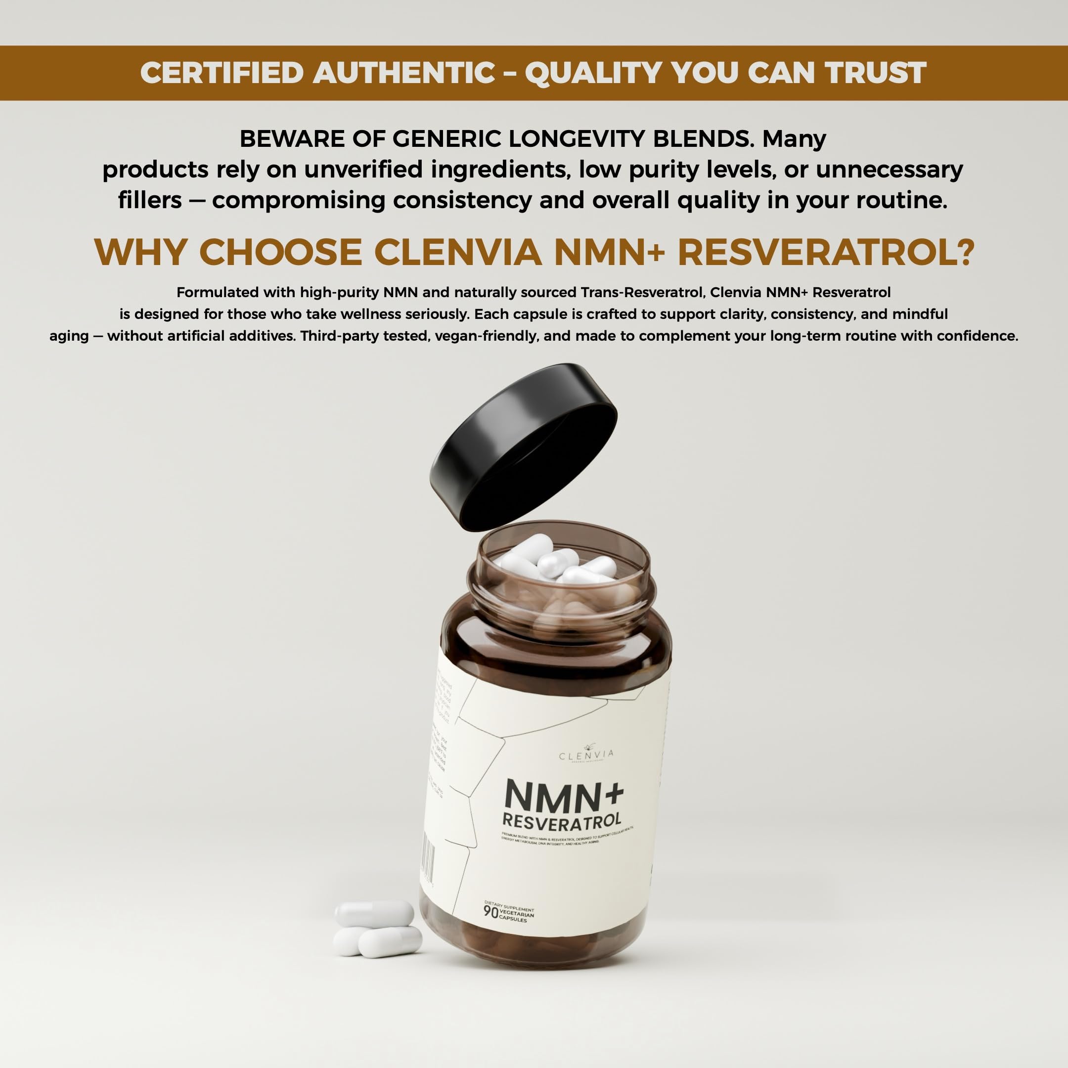 CLENVIA NMN + Resveratrol bottle with measuring scoop