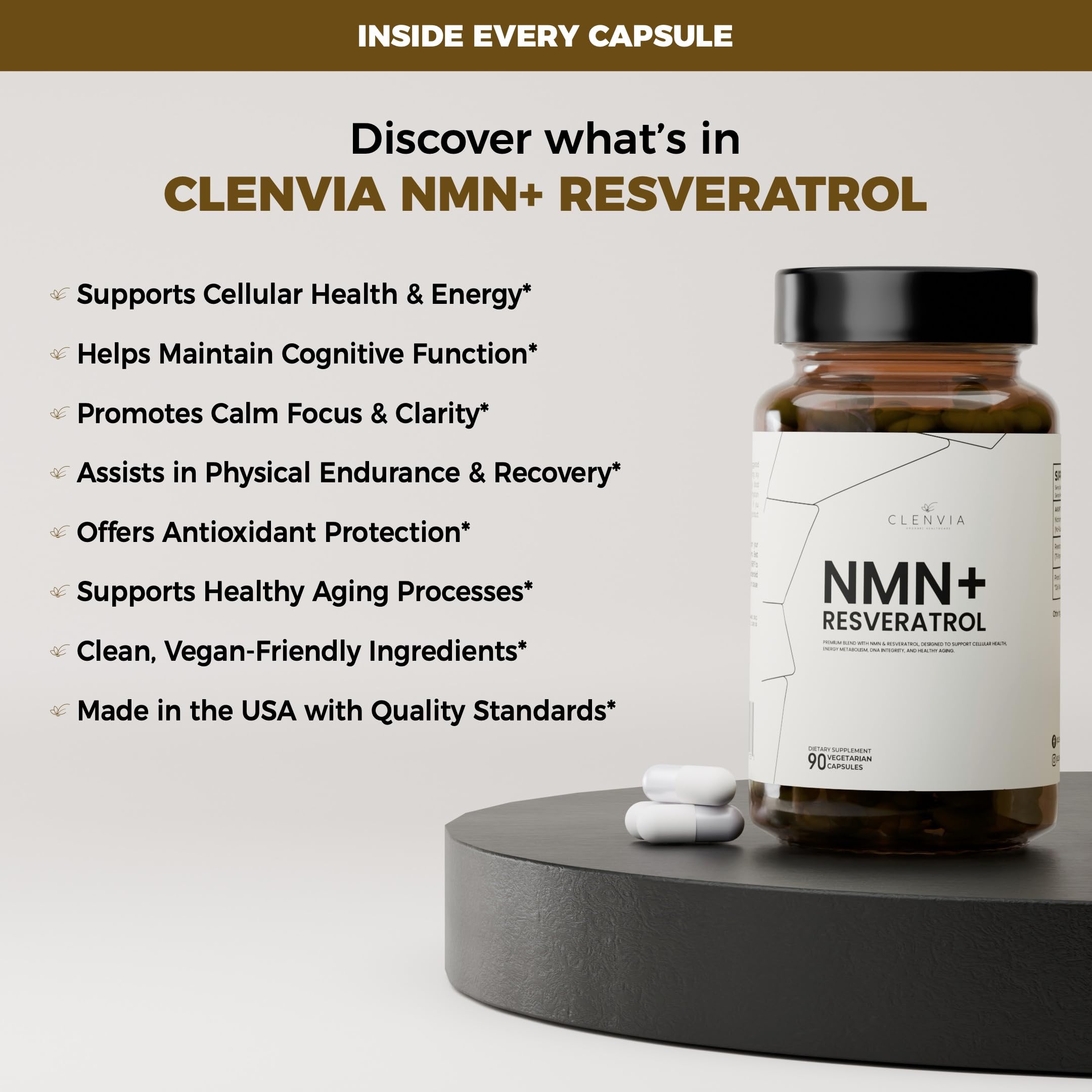 CLENVIA NMN + Resveratrol supplement on a wooden table