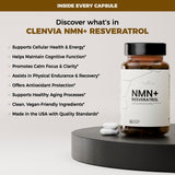 CLENVIA NMN + Resveratrol supplement on a wooden table