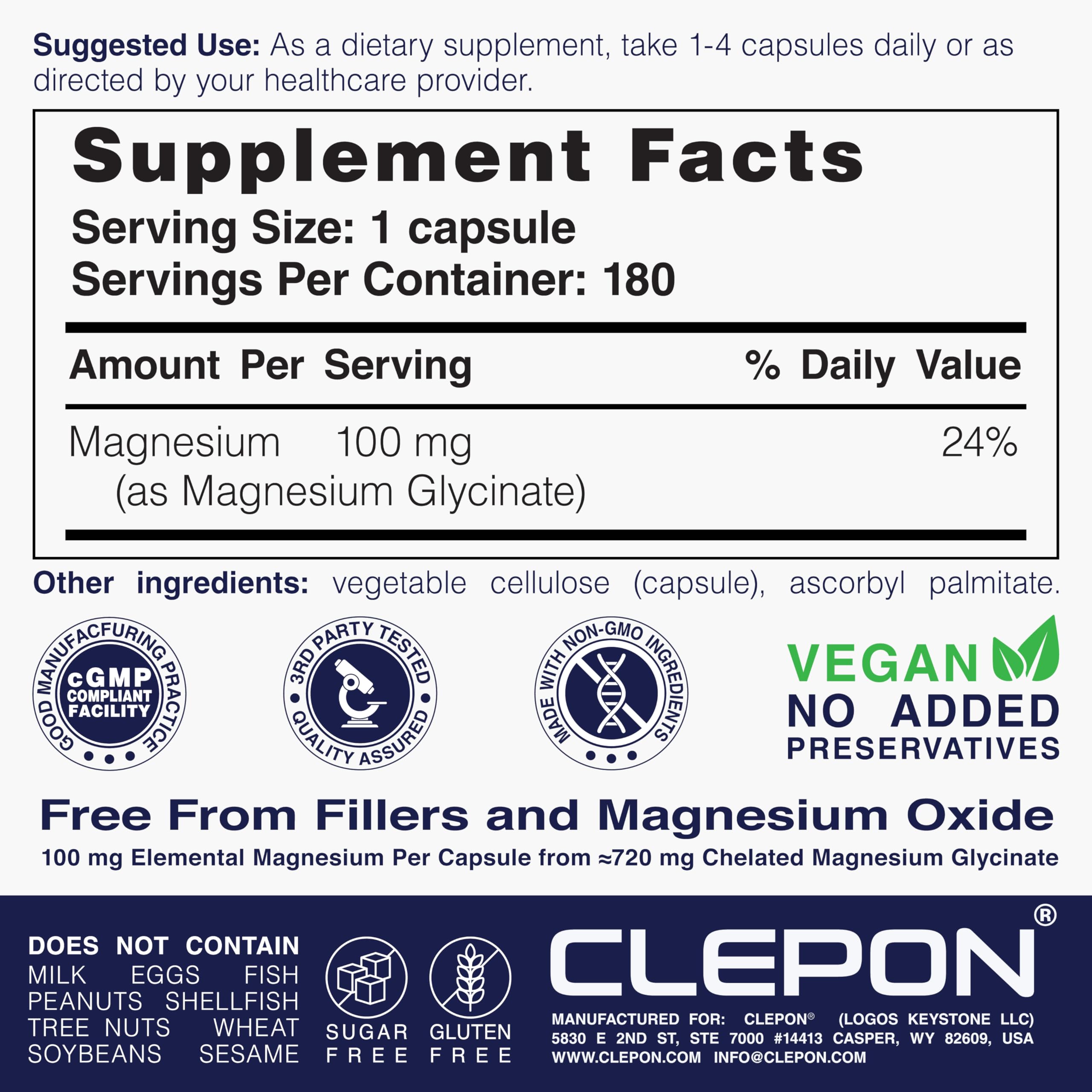 CLEPON Magnesium Glycinate Capsules bottle with dosage information