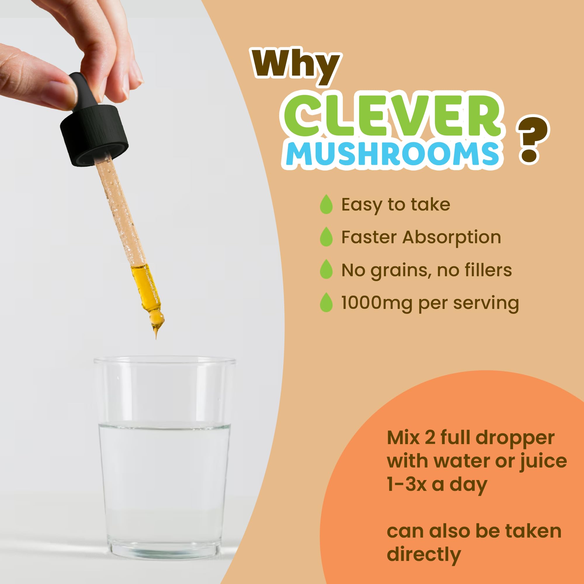 CLEVER MUSHROOMS 6 Blend Multi-Mushroom Liquid Extract lifestyle scene with beverage