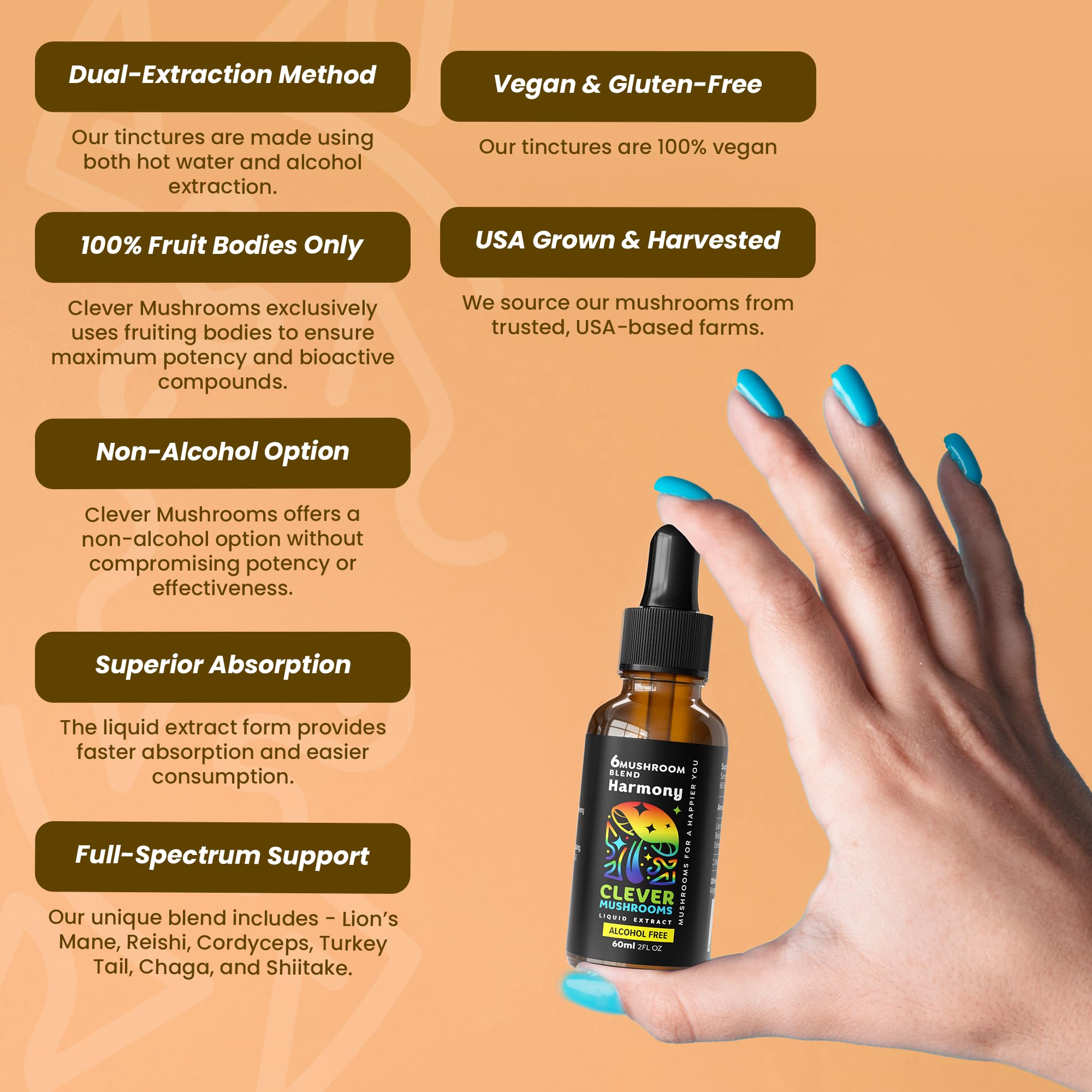 CLEVER MUSHROOMS 6 Blend Multi-Mushroom Liquid Extract packaging side view