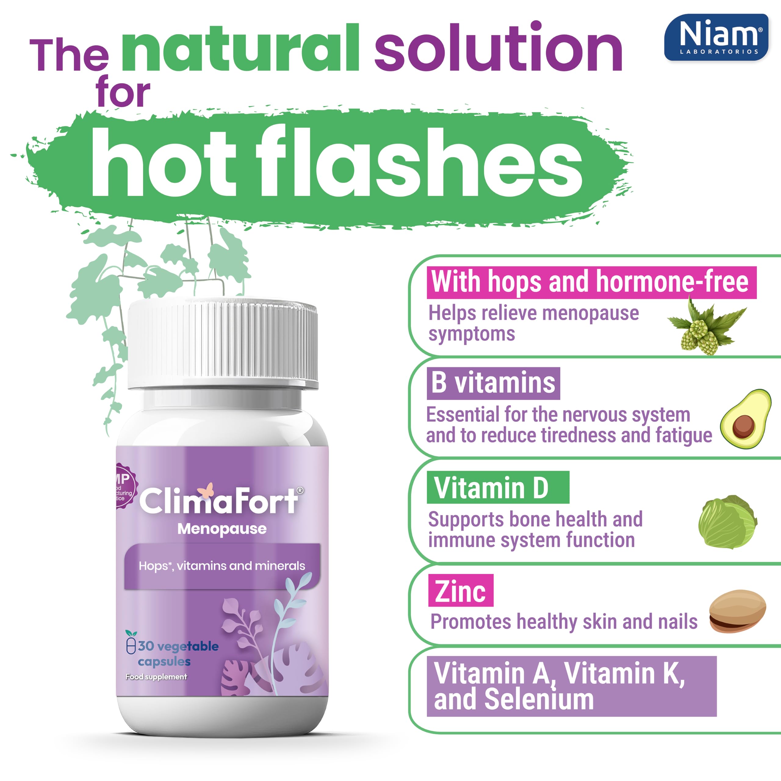 Climafort Menopause Support Capsules on a wooden table